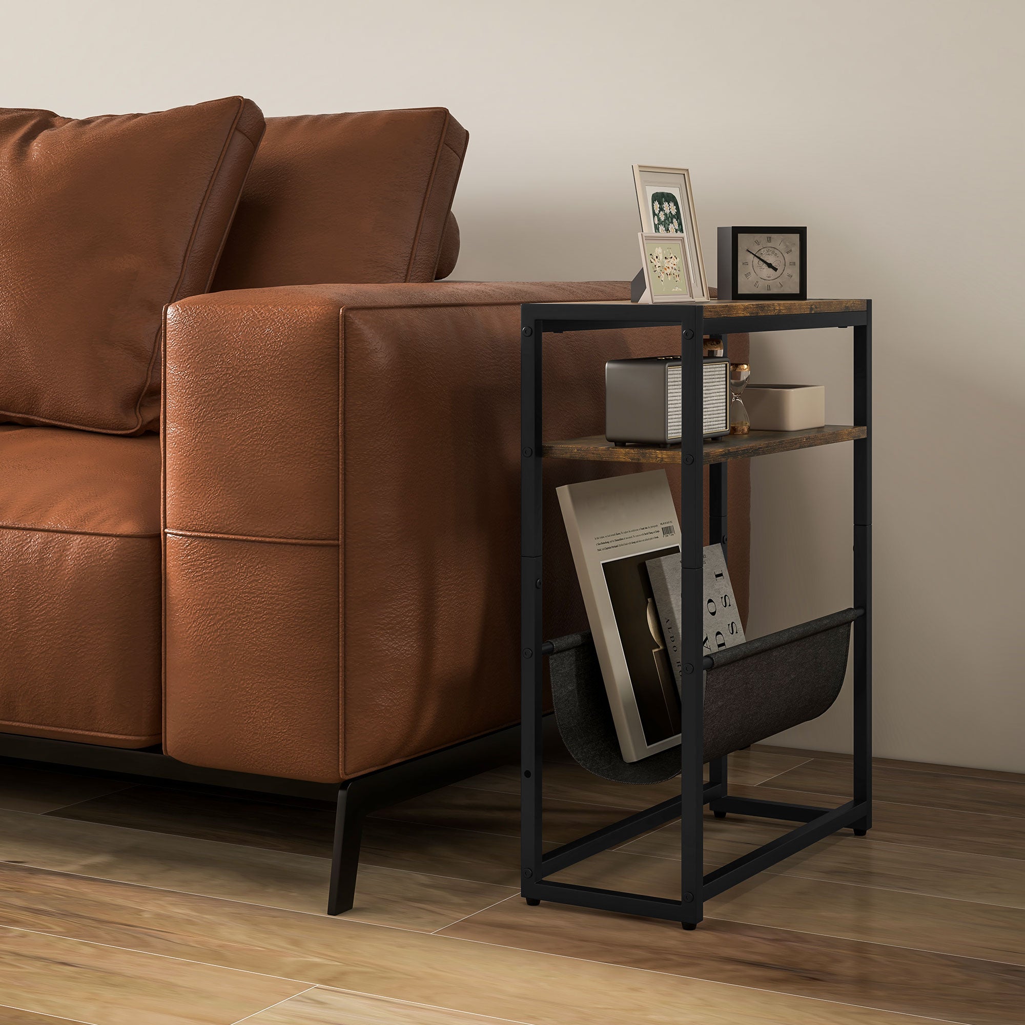 Kozy Narrow Side Table, End Table with 3-Tier Storage, V-Shaped Magazine Holder for Living Room, Bedroom, 43 x 18 x 56 cm, Ru