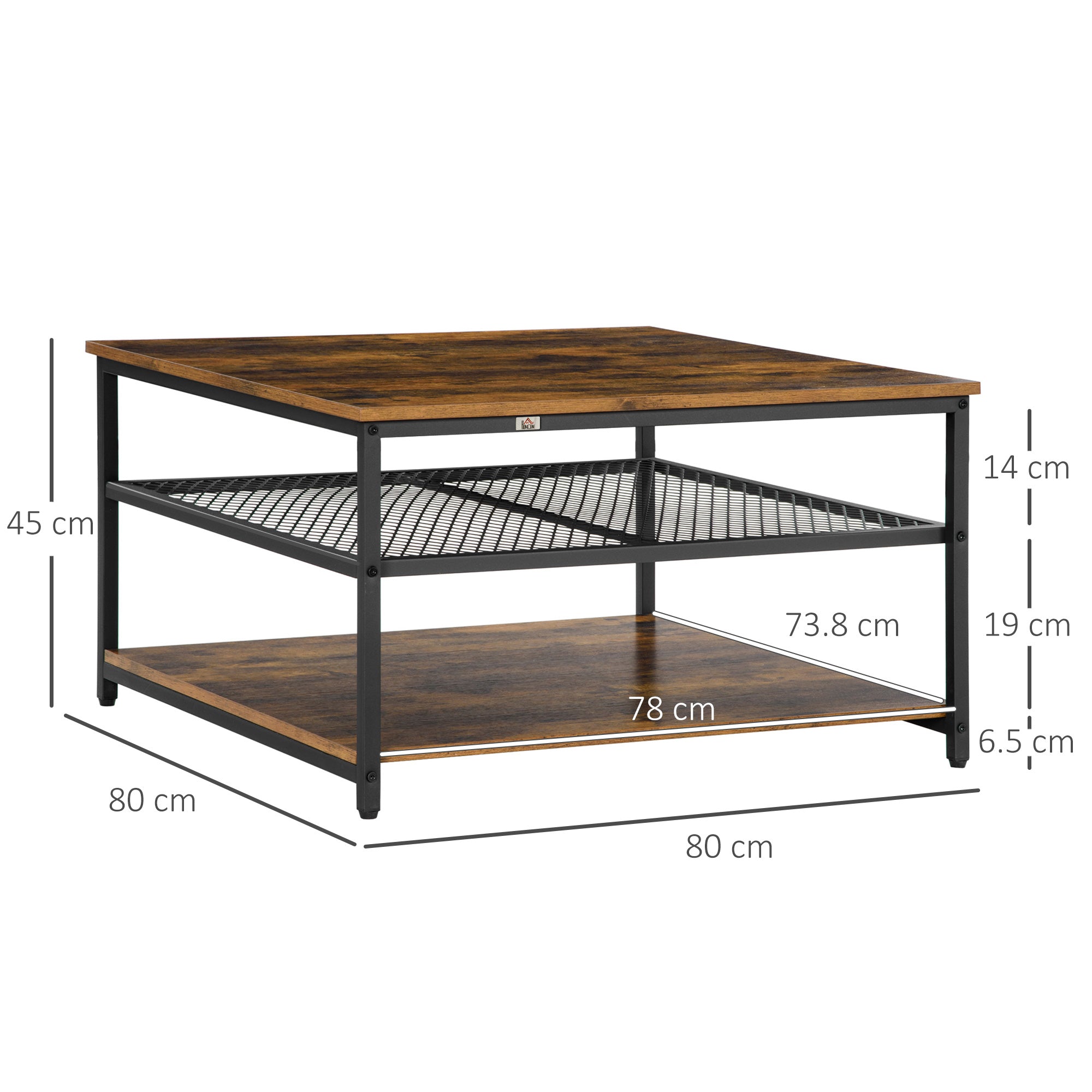HOMCOM Industrial Coffee Table: Square Cocktail Table with 3-Tier Shelves, Rustic Brown for Living Room | Aosom UK