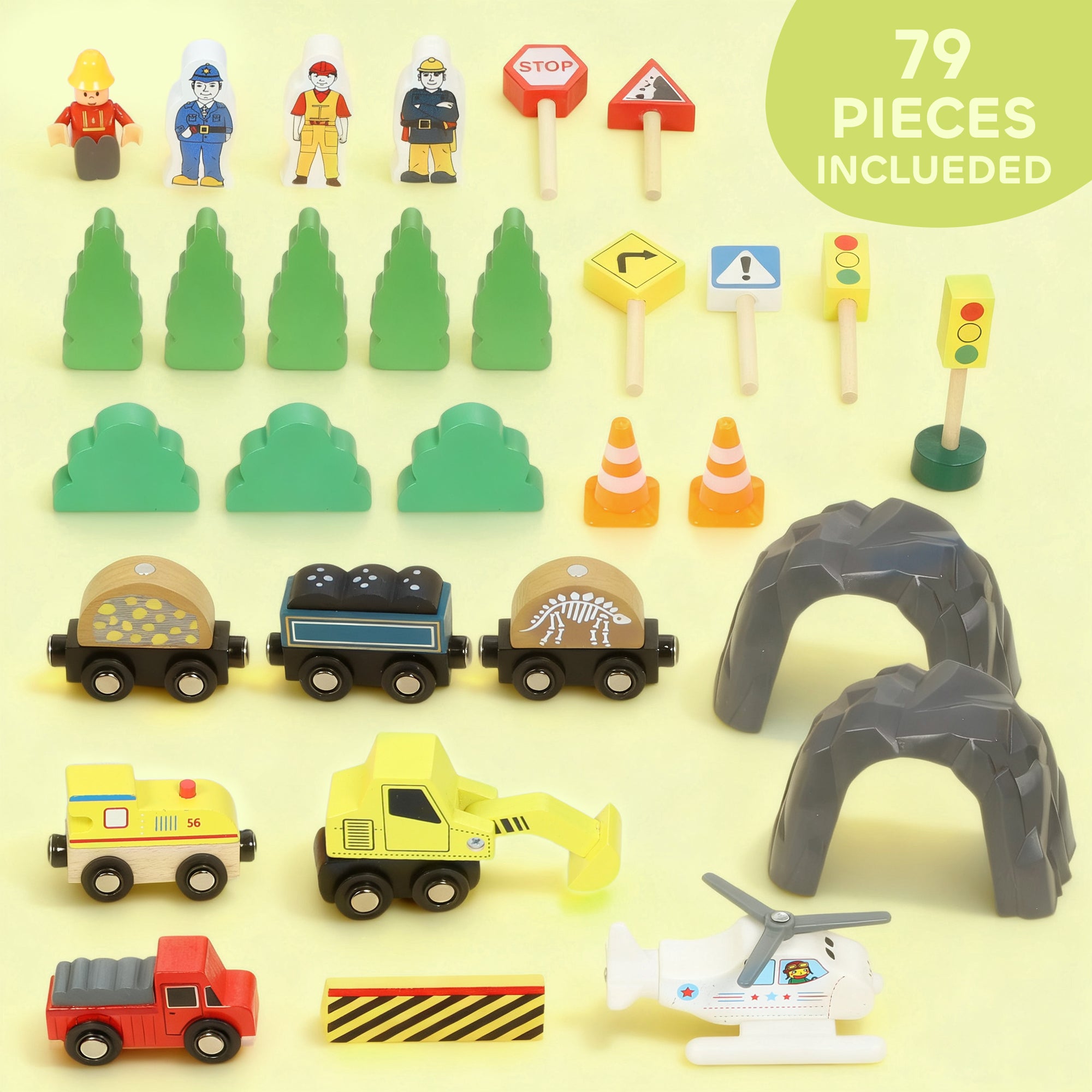 Kozy 79 Piece Wooden Train Set, Kids Train Track Mine Themed with Crane, Helicopter