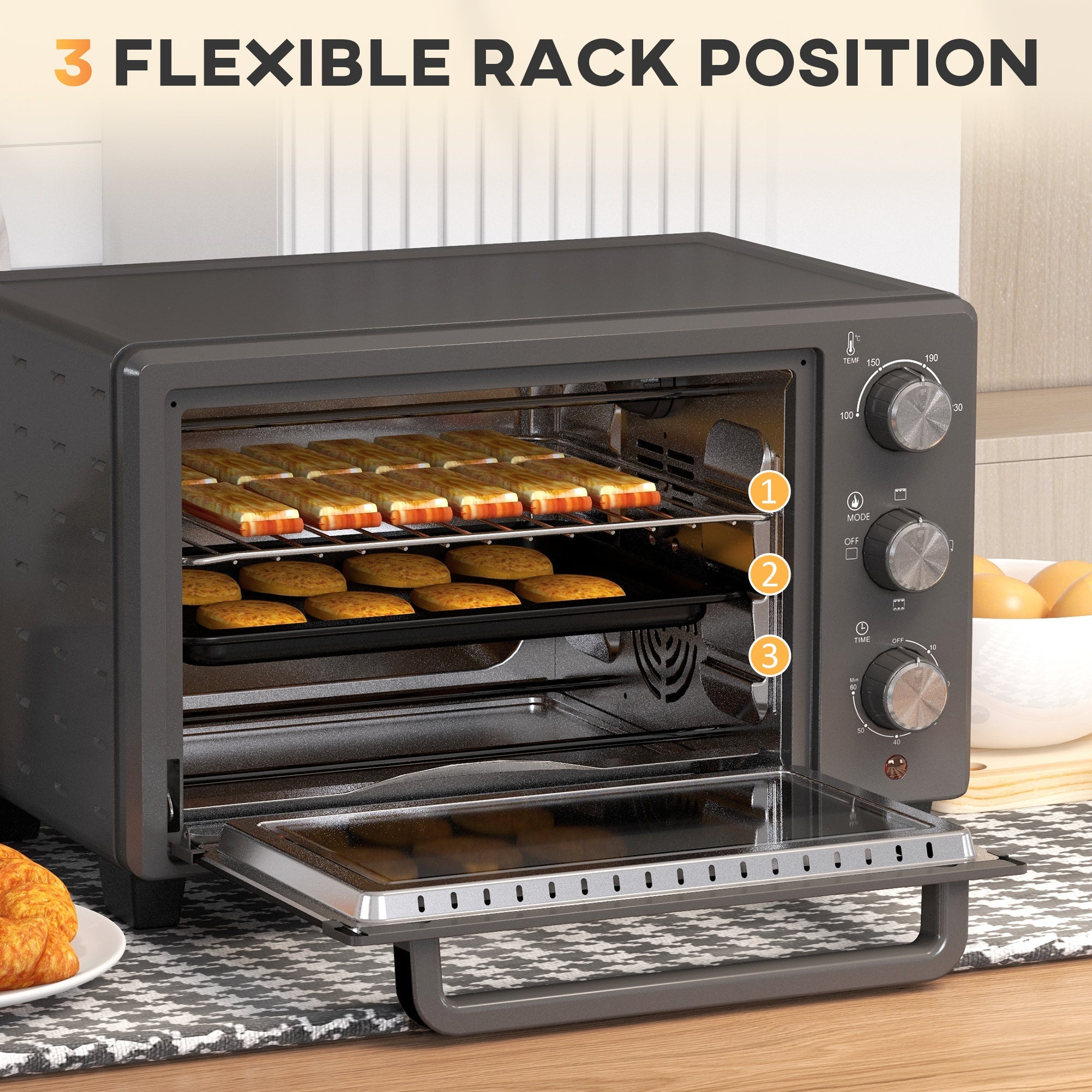 HOMCOM Mini Oven, 21L Countertop Electric Grill, Toaster Oven with Adjustable Temperature, Timer, Baking Tray and Wire Rack, 1400W, Grey | Aosom UK