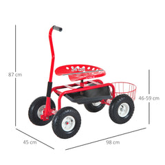 Outsunny Adjustable Rolling Garden Cart Outdoor Garden Planting Station Trolley Swivel Gardener Work Seat Heavy Duty w/ Tool Tray & Basket Red 150kg