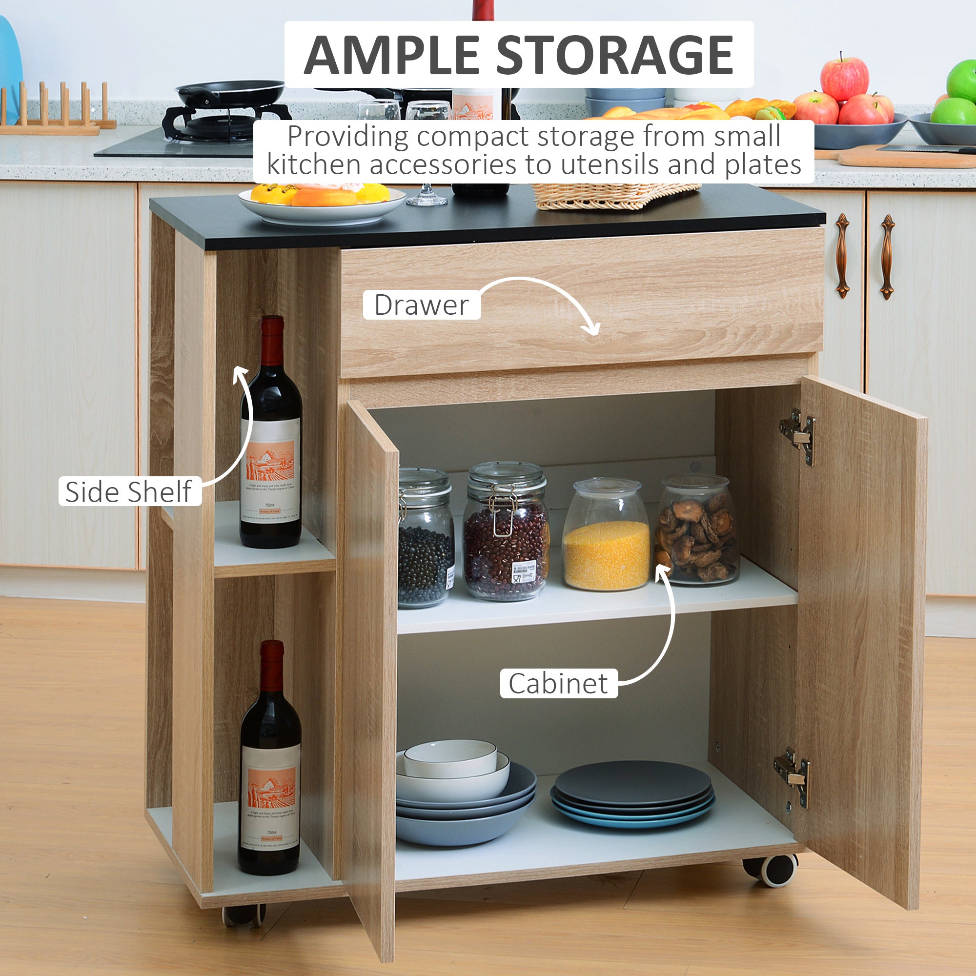 Kozy Kitchen Storage Trolley Cart Cupboard Rolling Island Shelves Cabinet With Door and Drawer Locking Wheels