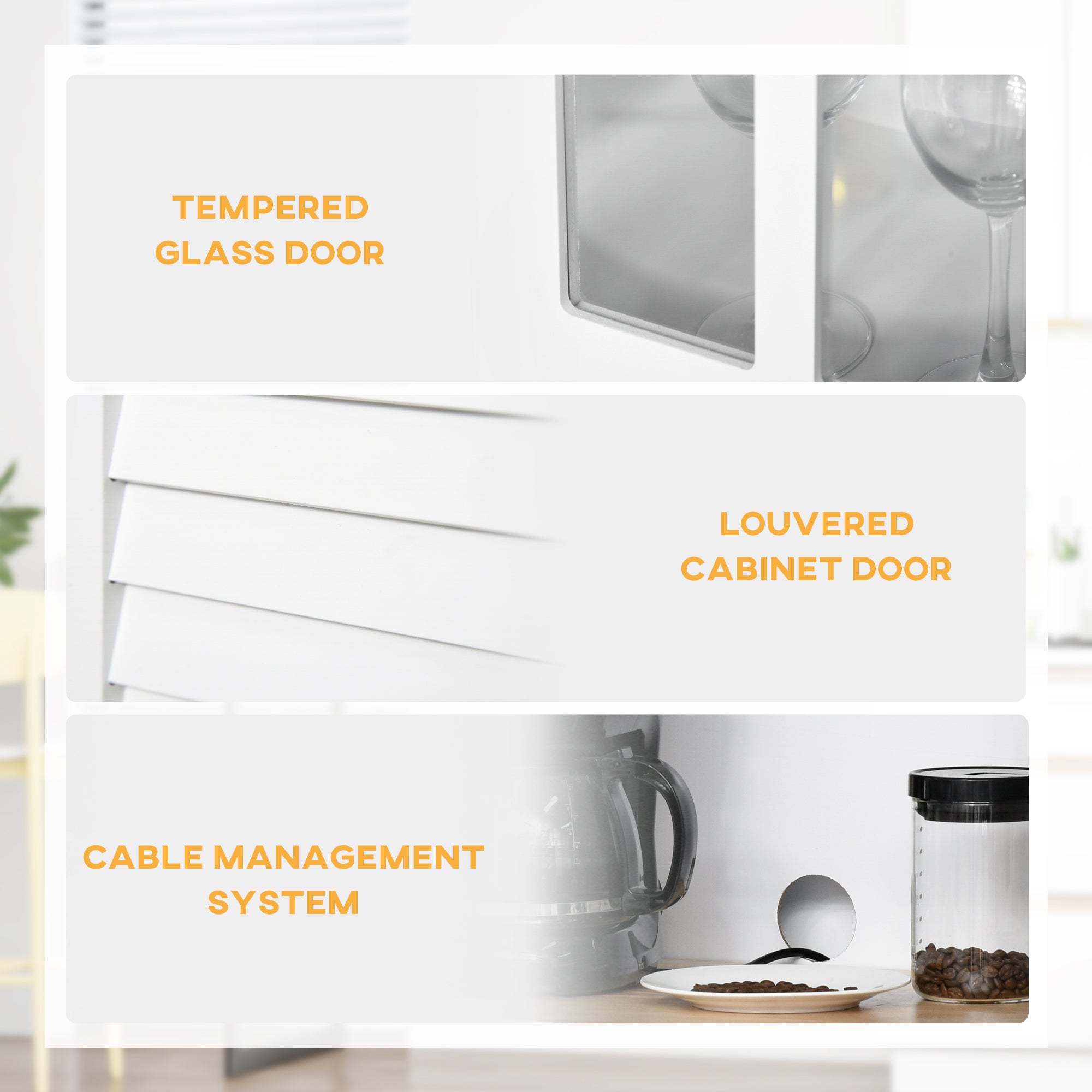 Kozy Modern Kitchen Cupboard, Louvered Kitchen Storage Cabinet with Framed Glass Doors and 2 Drawers, White