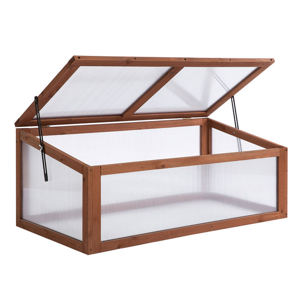 Wooden Cold Frame, Small Polycarbonate Greenhouse for Plants with Openable & Tilted Top Cover