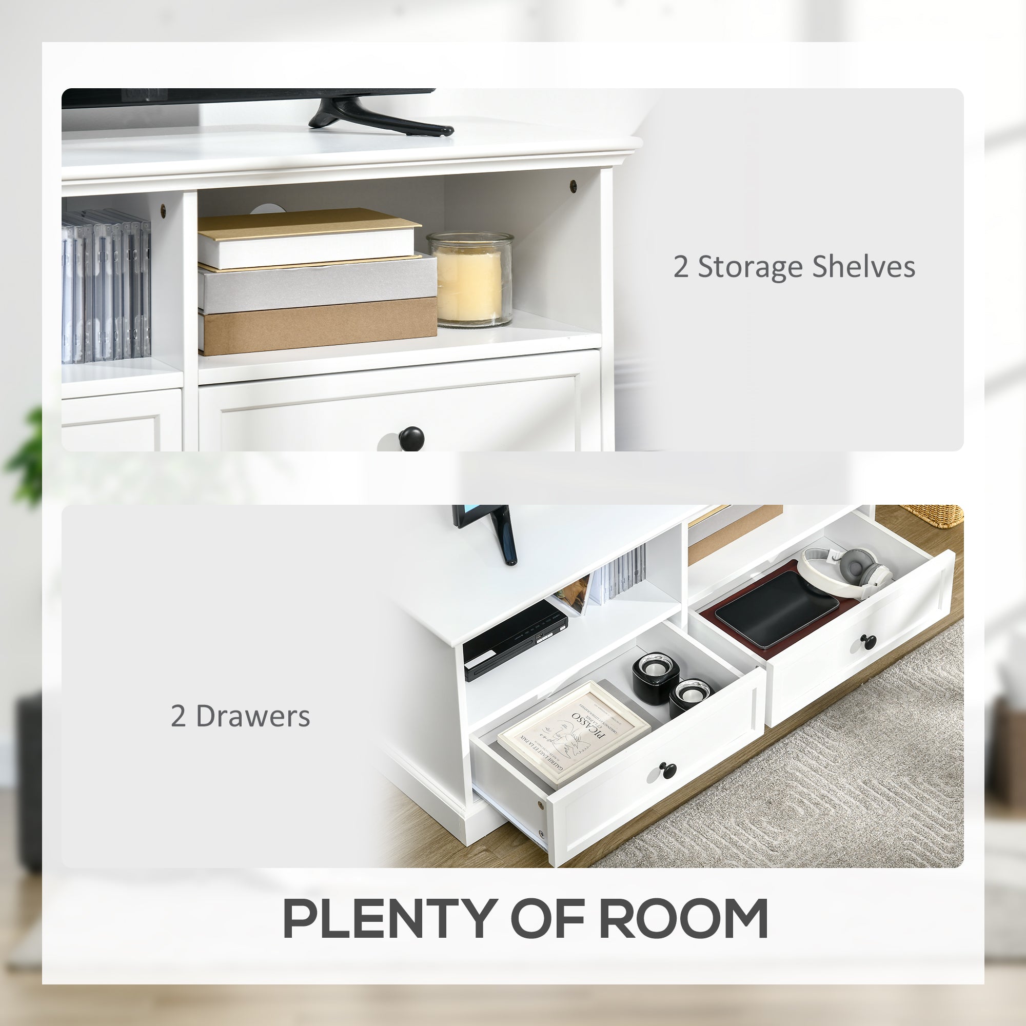 Kozy Modern TV Unit Cabinet for TVs up to 45 Inches, TV Stand with Drawers, Open Shelves, Cable Holes for Living Room, White