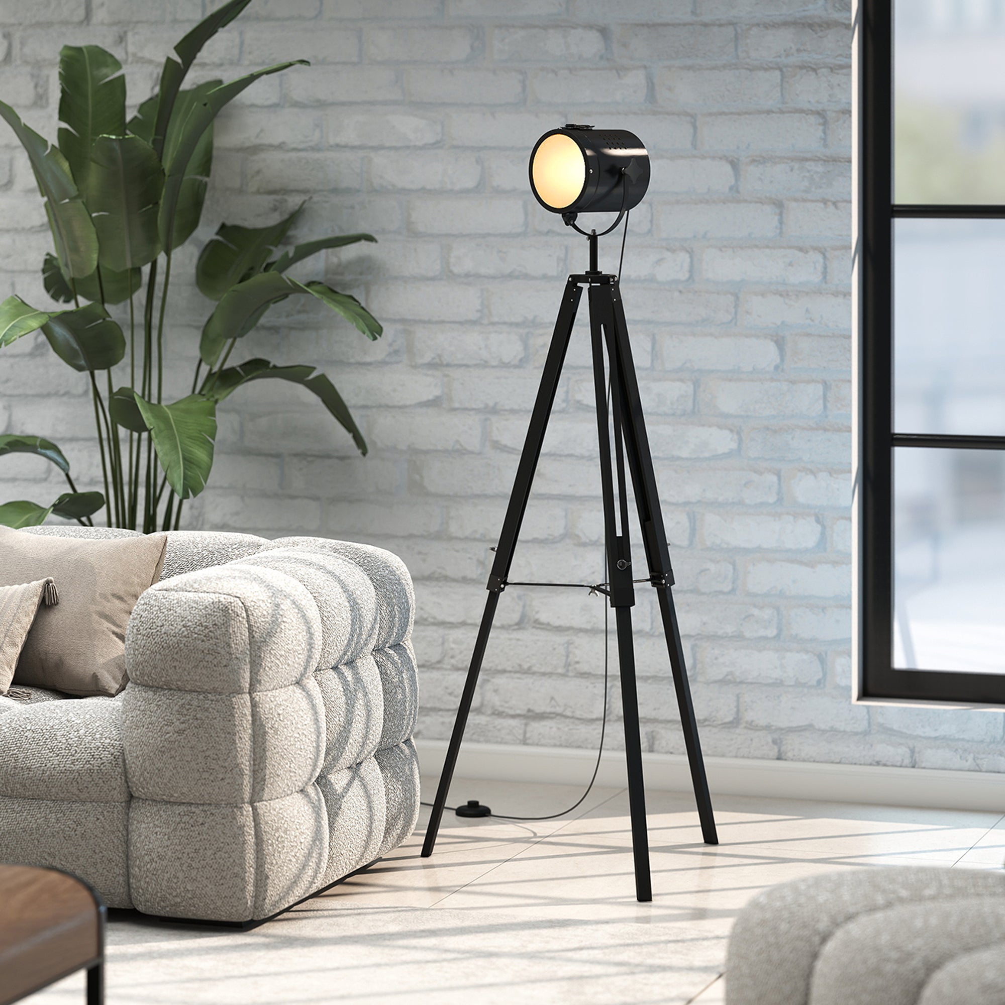 Kozy - Industrial Tripod Floor Lamp, Nautical Searchlight with Adjustable Height, Wood Legs, E14 Lamp Base for Living Room, Bedroom, Black
