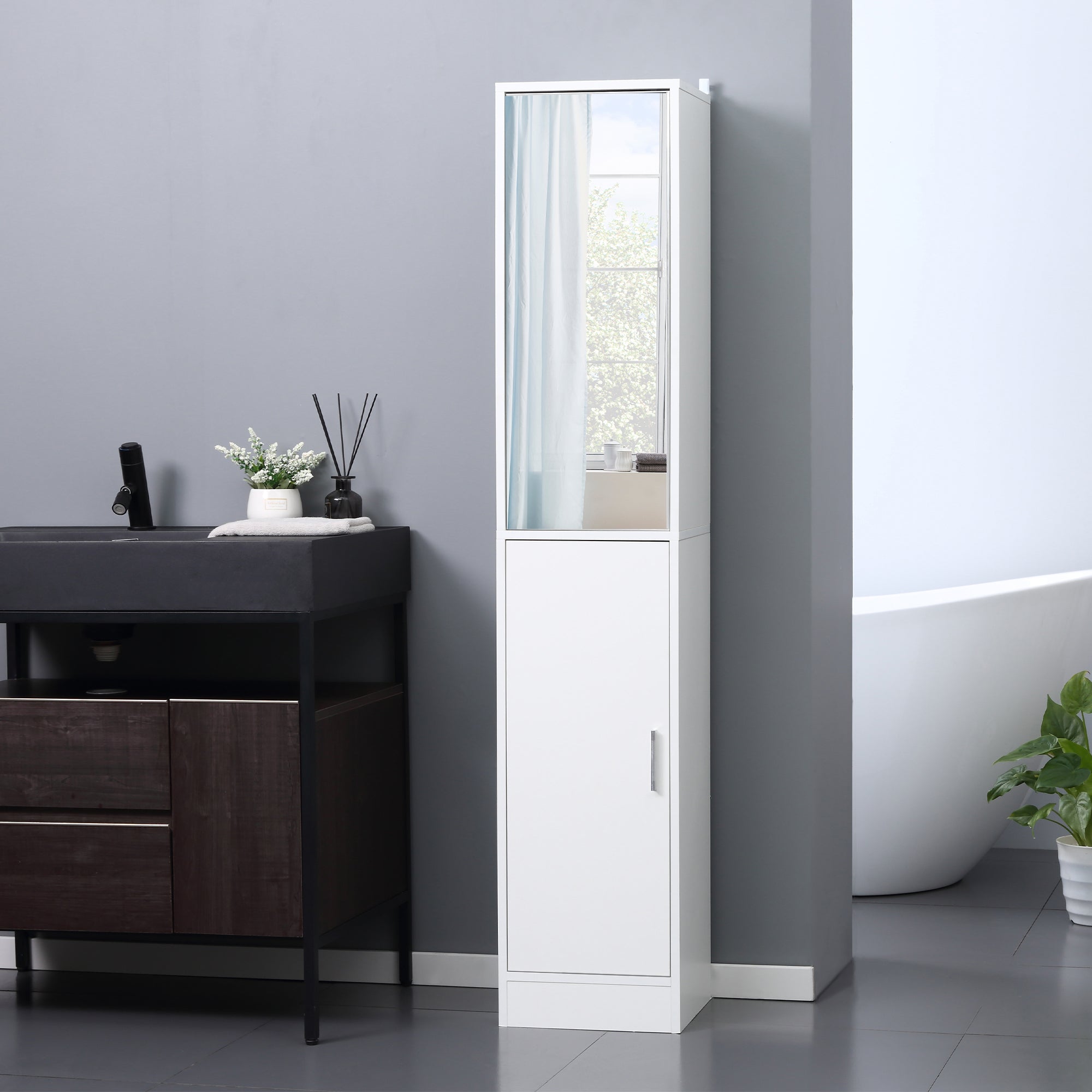 Kozy Tall Bathroom Cabinet with Mirror and Adjustable Shelf - White