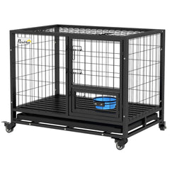 PawHut Heavy Duty Dog Crate on Wheels w/ Bowl Holder, Removable Tray, Detachable Top, Double Doors for L, XL Dogs | Aosom UK
