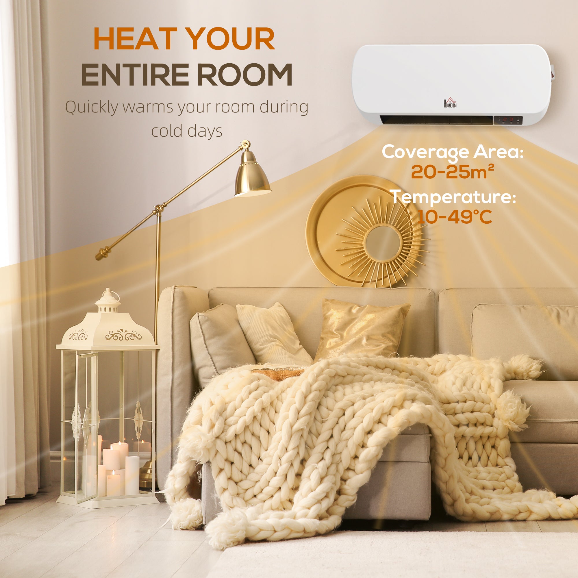 Kozy - 2000W Wall Mounted Ceramic Space Heater, 10-49°C Temperature, White