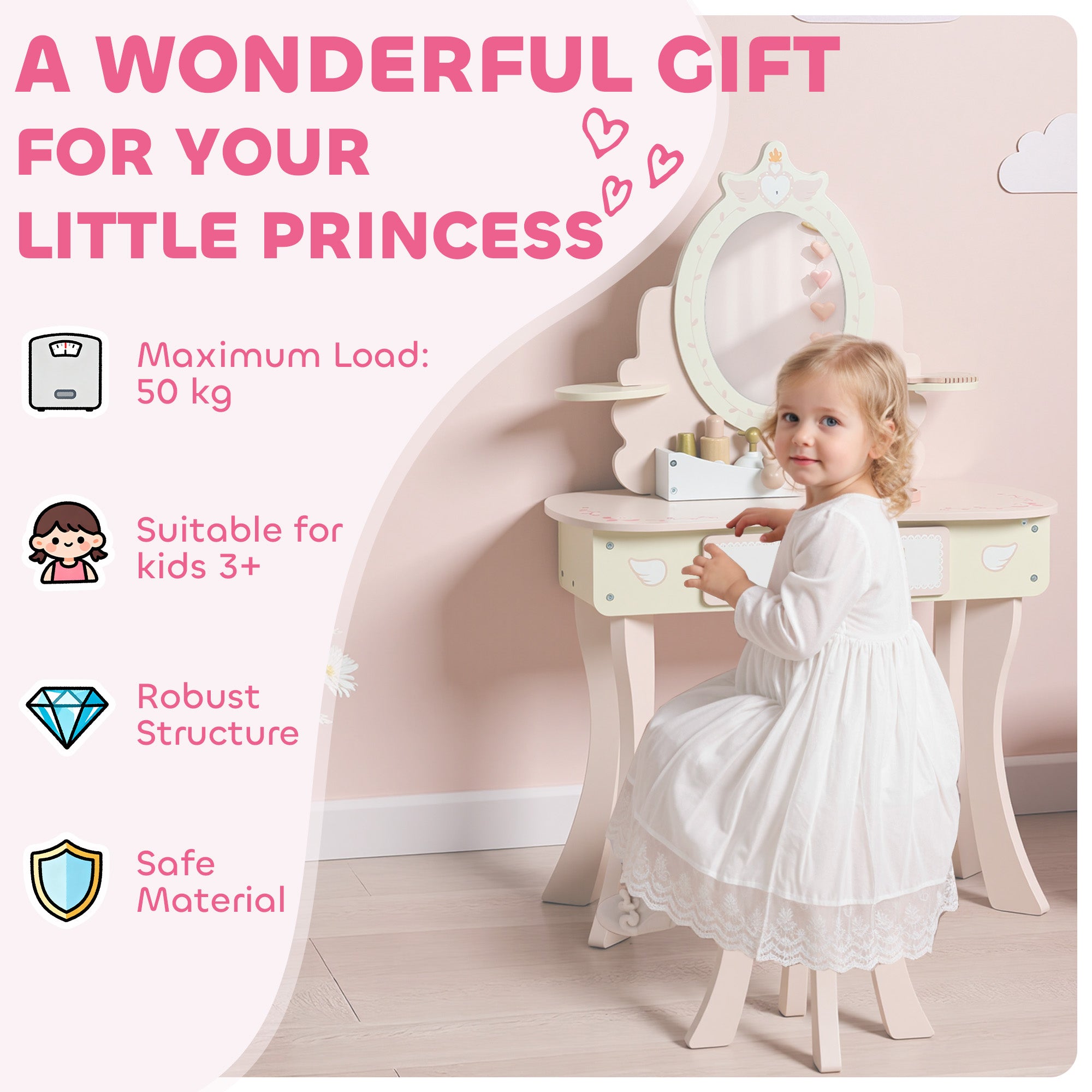 Kozy Kids Dressing Table, Girls Vanity Set with Mirror and Stool, 7 Play Accessories, Drawer, Desktop Storage, Pink