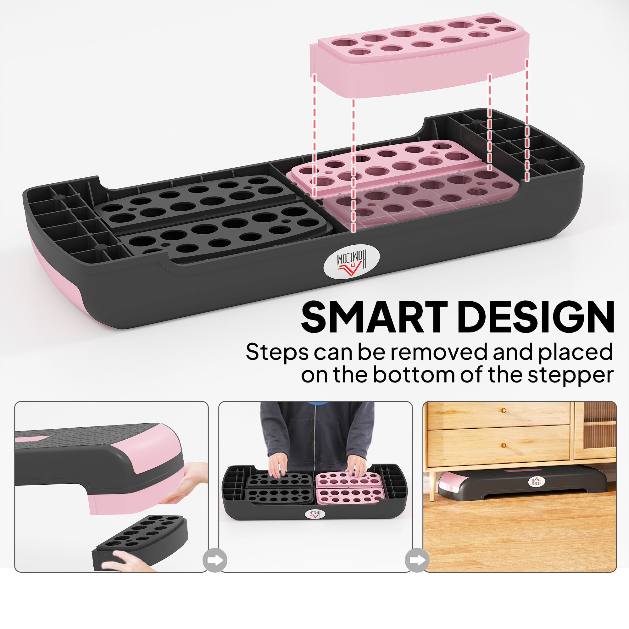 Kozy - Aerobic Step with 3-Level Adjustable Heights for Home, Office Exercise, Black and Pink