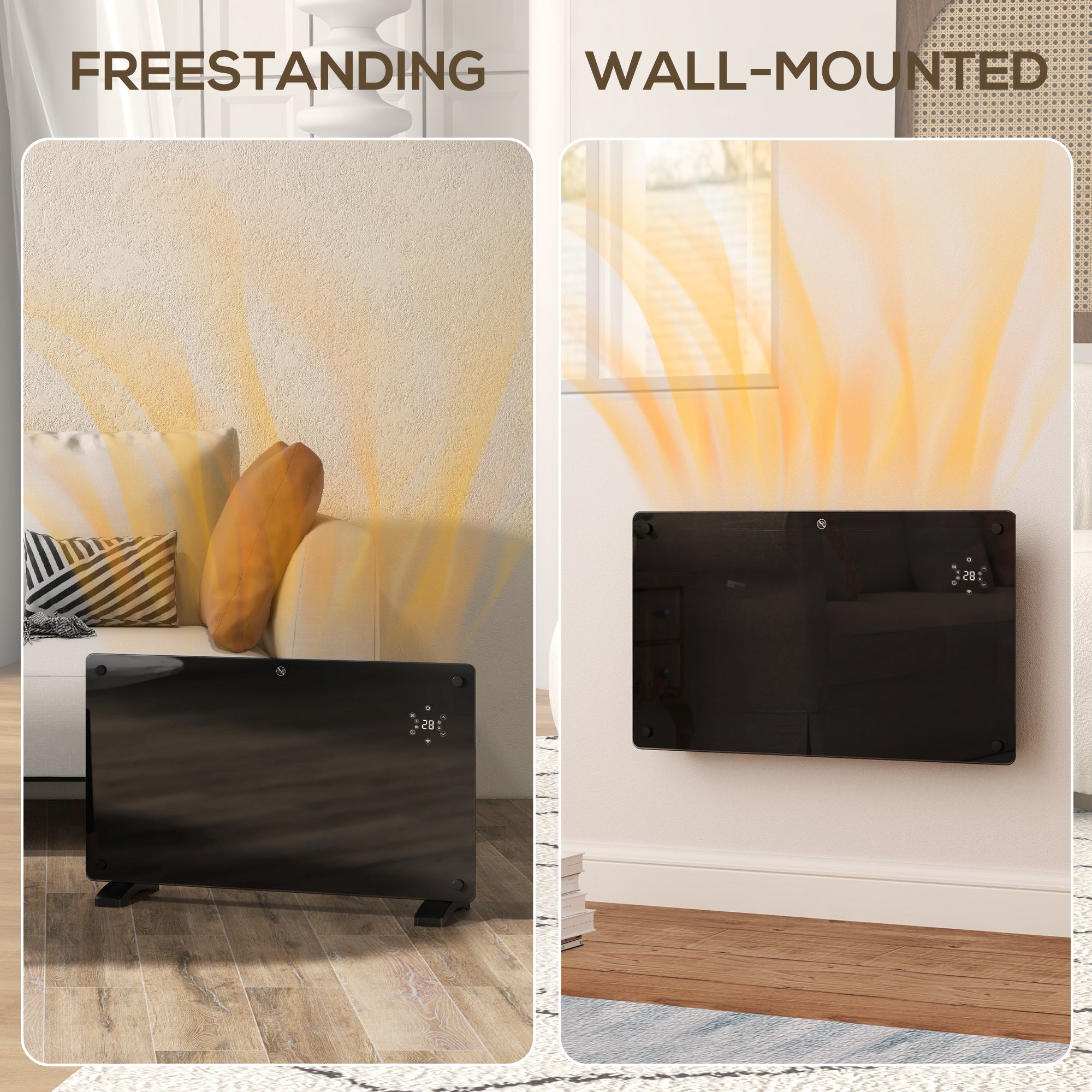 Kozy - Electric Heater Wifi Smart App, 1500W Glass Panel Heater Radiator, Freestanding or Wall Mounted Convector Space Heater with LED Display, 24Hr 7 Day Timer, Adjustable Thermostat, Remote Control