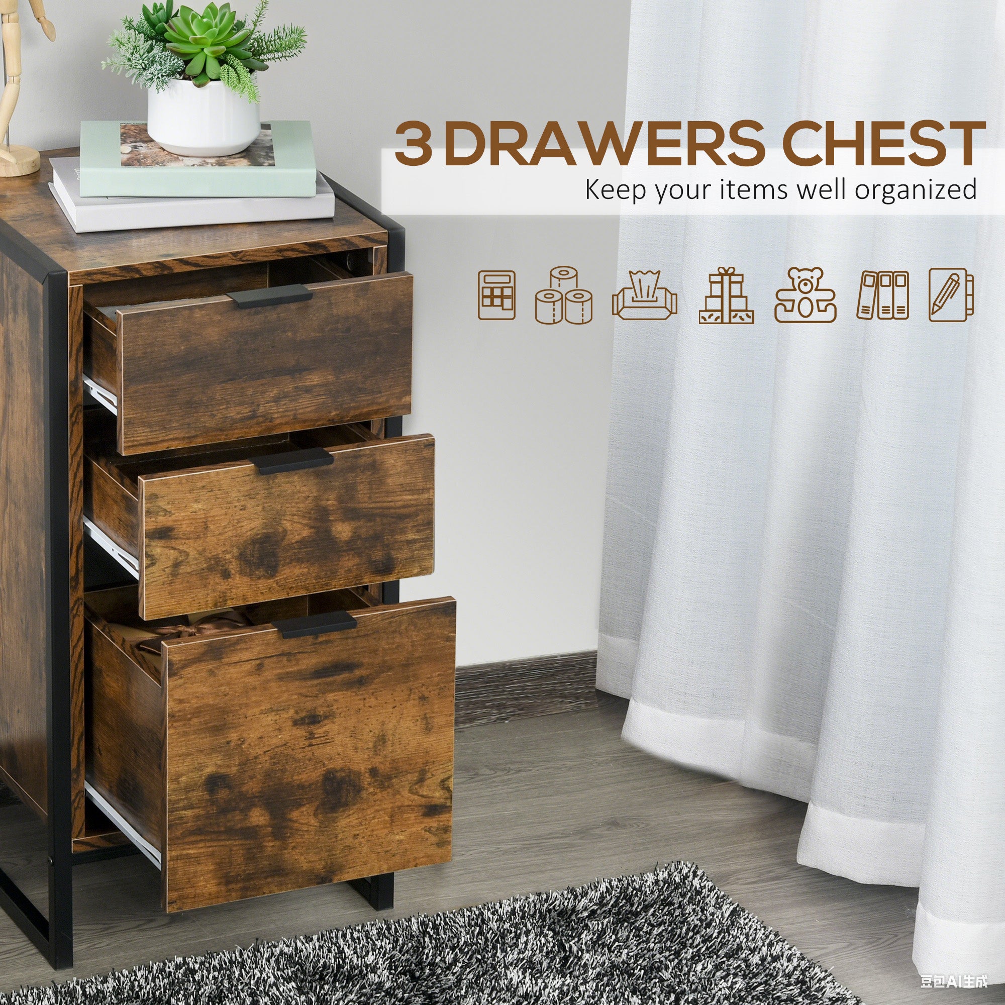 Kozy Bedroom Chest of Drawers, Industrial 3-Drawer Dresser, Storage Drawers Unit with Metal Frame for Living Room, Rustic Brown