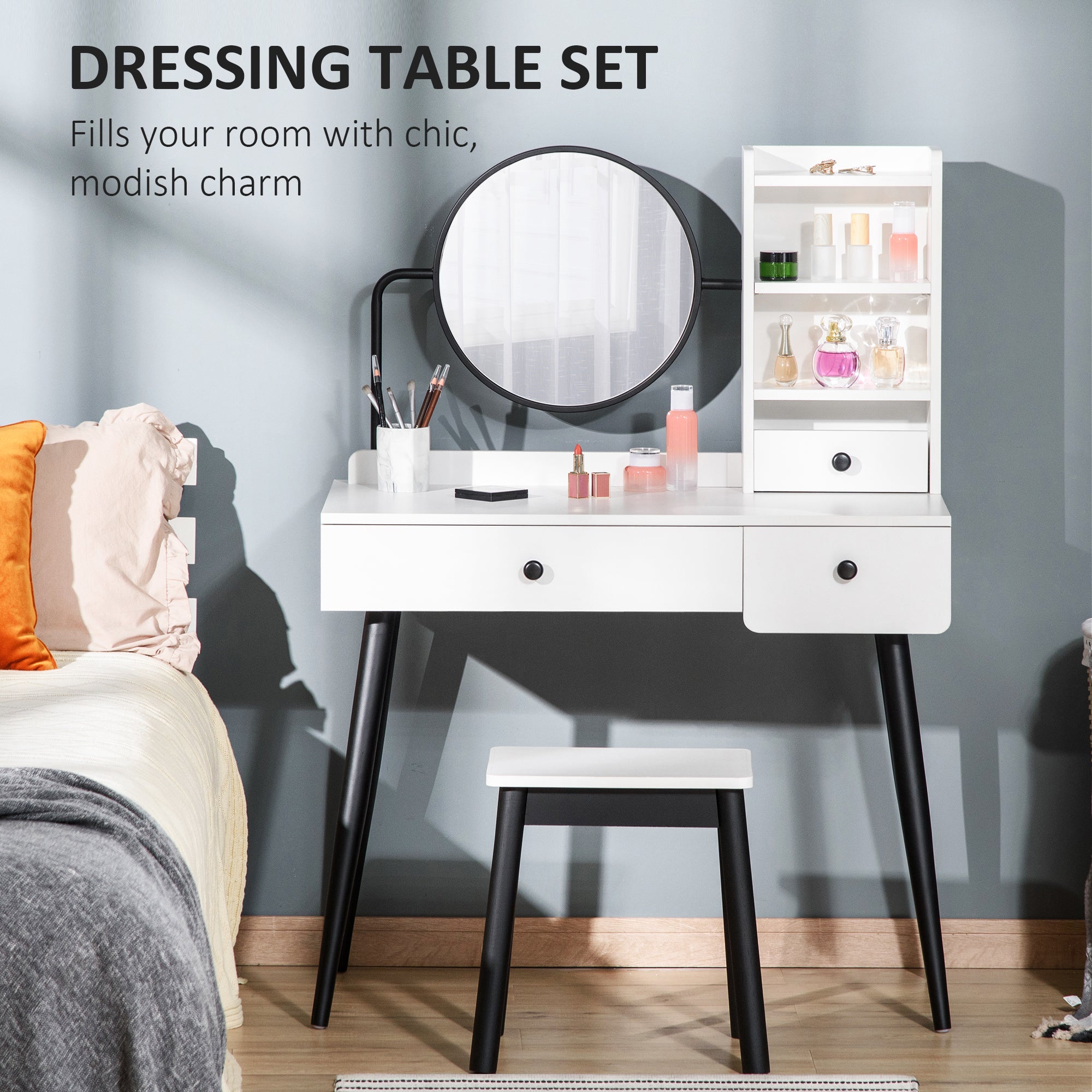 Kozy Dressing Table Set with Mirror and Stool, Vanity Makeup Table with 3 Drawers and Open Shelves for Bedroom, Living Room, White