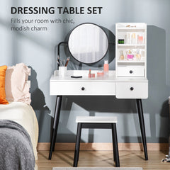 Kozy Dressing Table Set with Mirror and Stool, Vanity Makeup Table with 3 Drawers and Open Shelves for Bedroom, Living Room, White