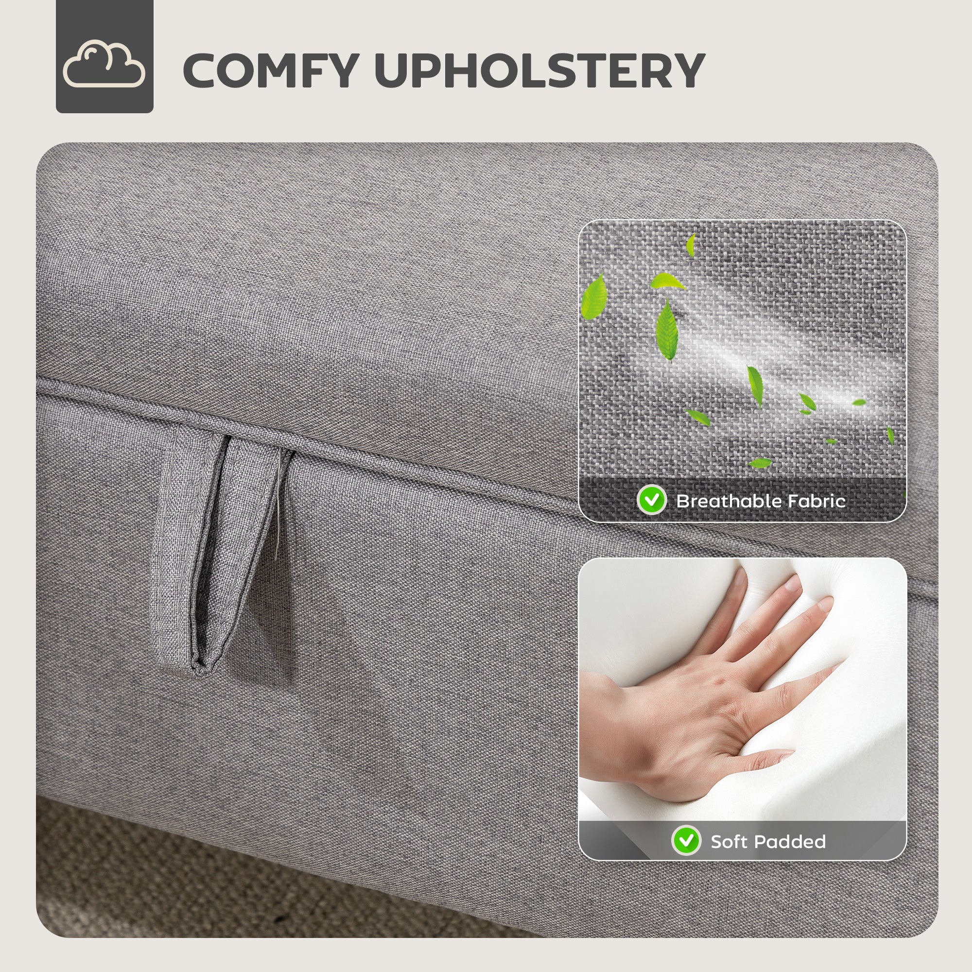 Kozy - 30L Linen Storage Ottoman Padded Footstool with Rubberwood Legs for Storage Box, Bed End, Shoe Bench, Seating, Light Grey