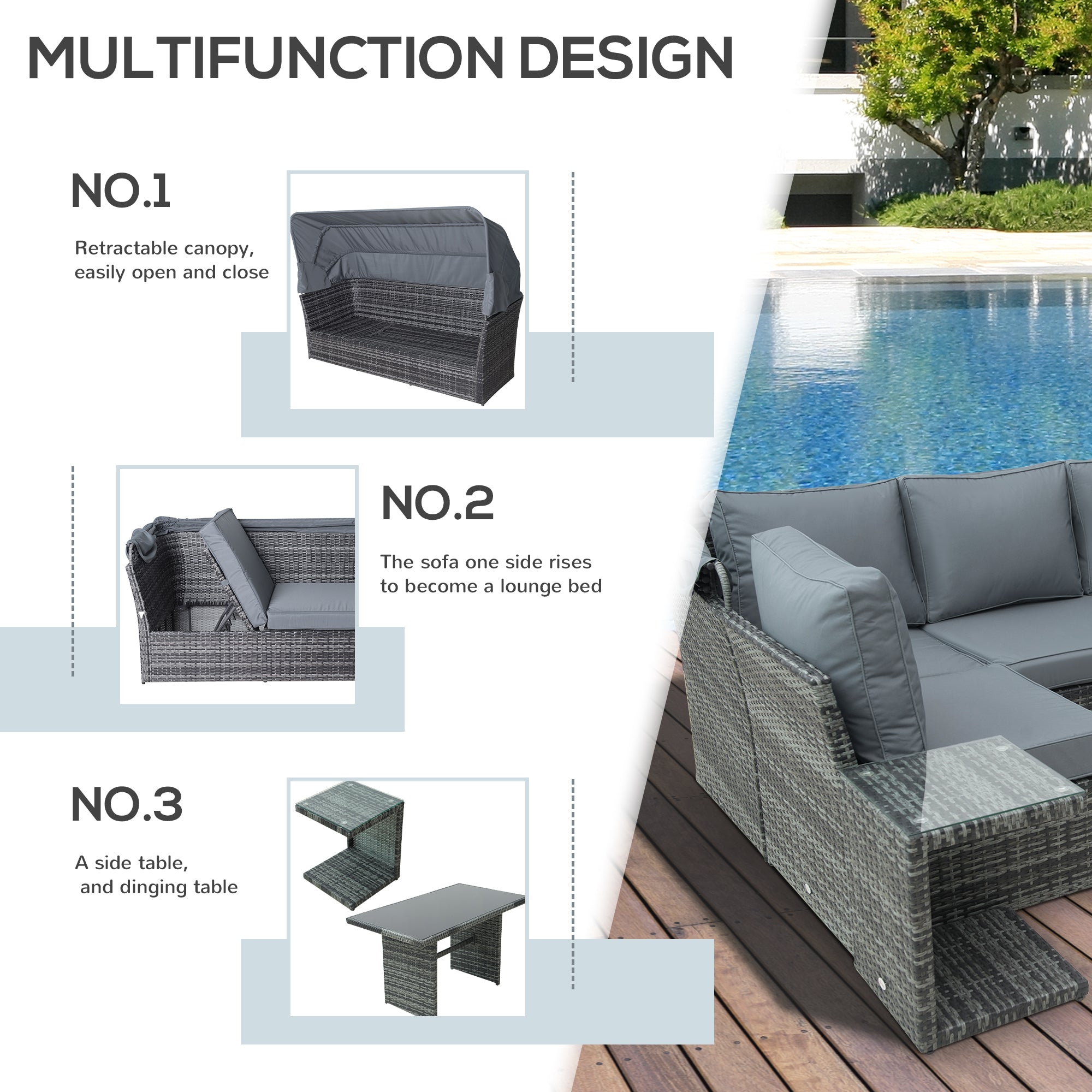 Kozy 5 PCS Outdoor Rattan Wicker Sofa Sets Reclining Sofa Adjustable Canopy & Side Table Dining Table Set Sectional Conversation Furniture w/ Cushions, Mixed Grey