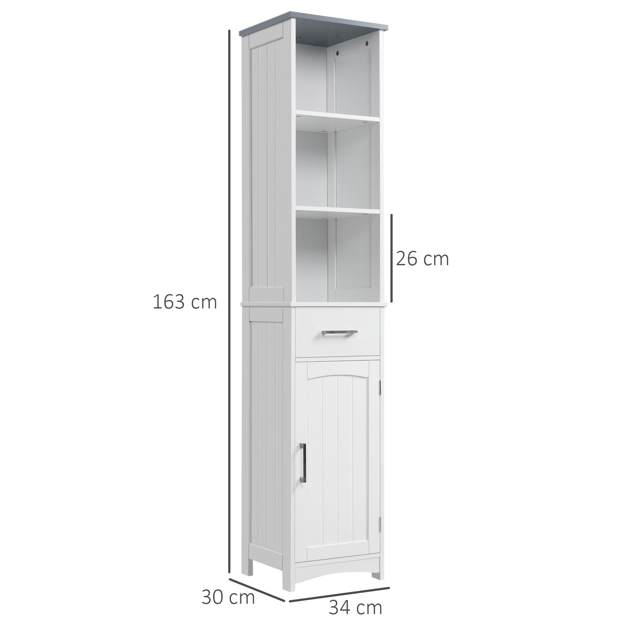 Kozy Tall Bathroom Storage Cabinet with 3 Tier Shelf, Cupboard, Drawer, Door, Freestanding Linen Tower, Slim Side Organizer, White