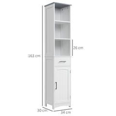 Kozy Tall Bathroom Storage Cabinet with 3 Tier Shelf, Cupboard, Drawer, Door, Freestanding Linen Tower, Slim Side Organizer, White