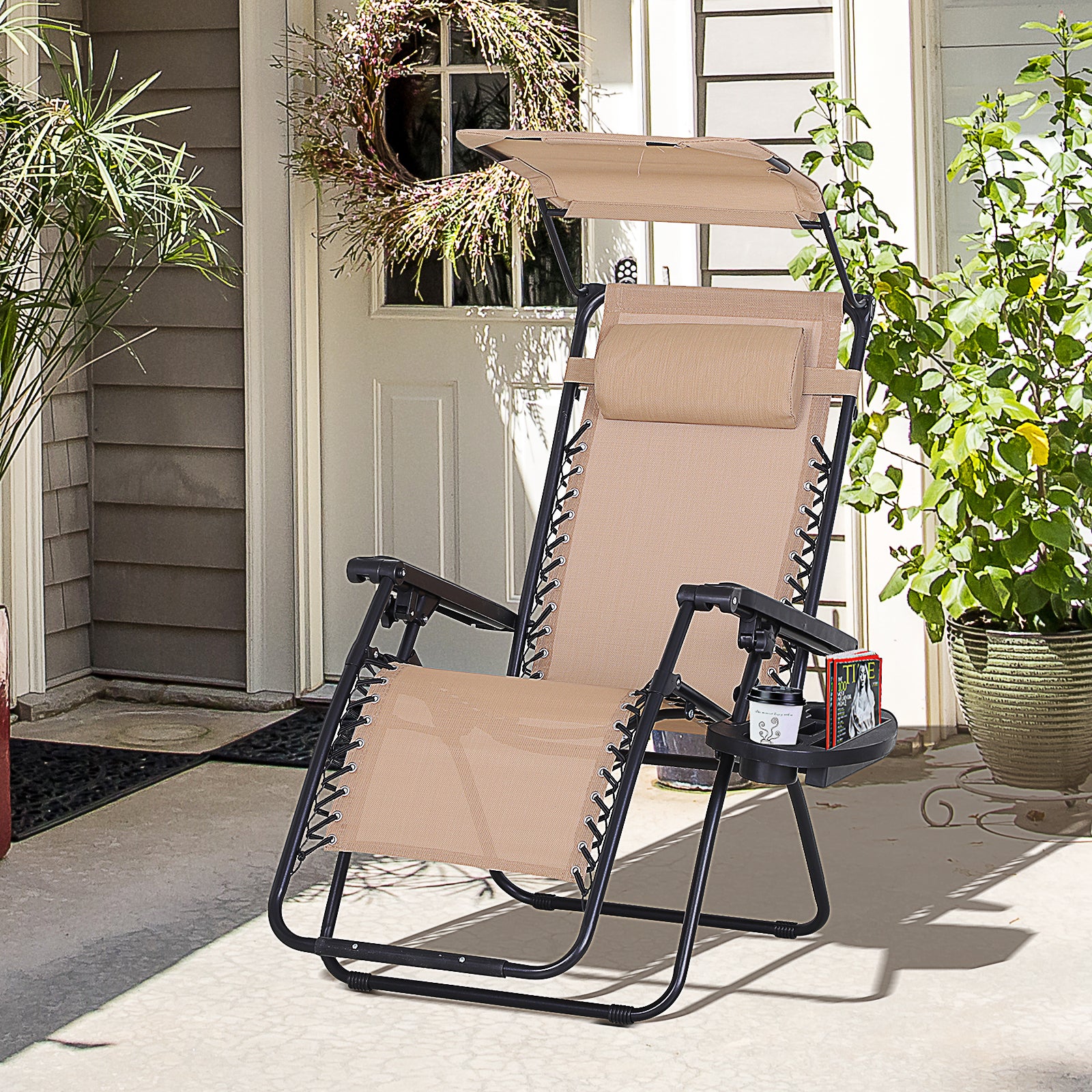 Outsunny Zero Gravity Recliner Chair with Canopy Shade and Cup Holder, Folding Patio Sun Lounger, Beige