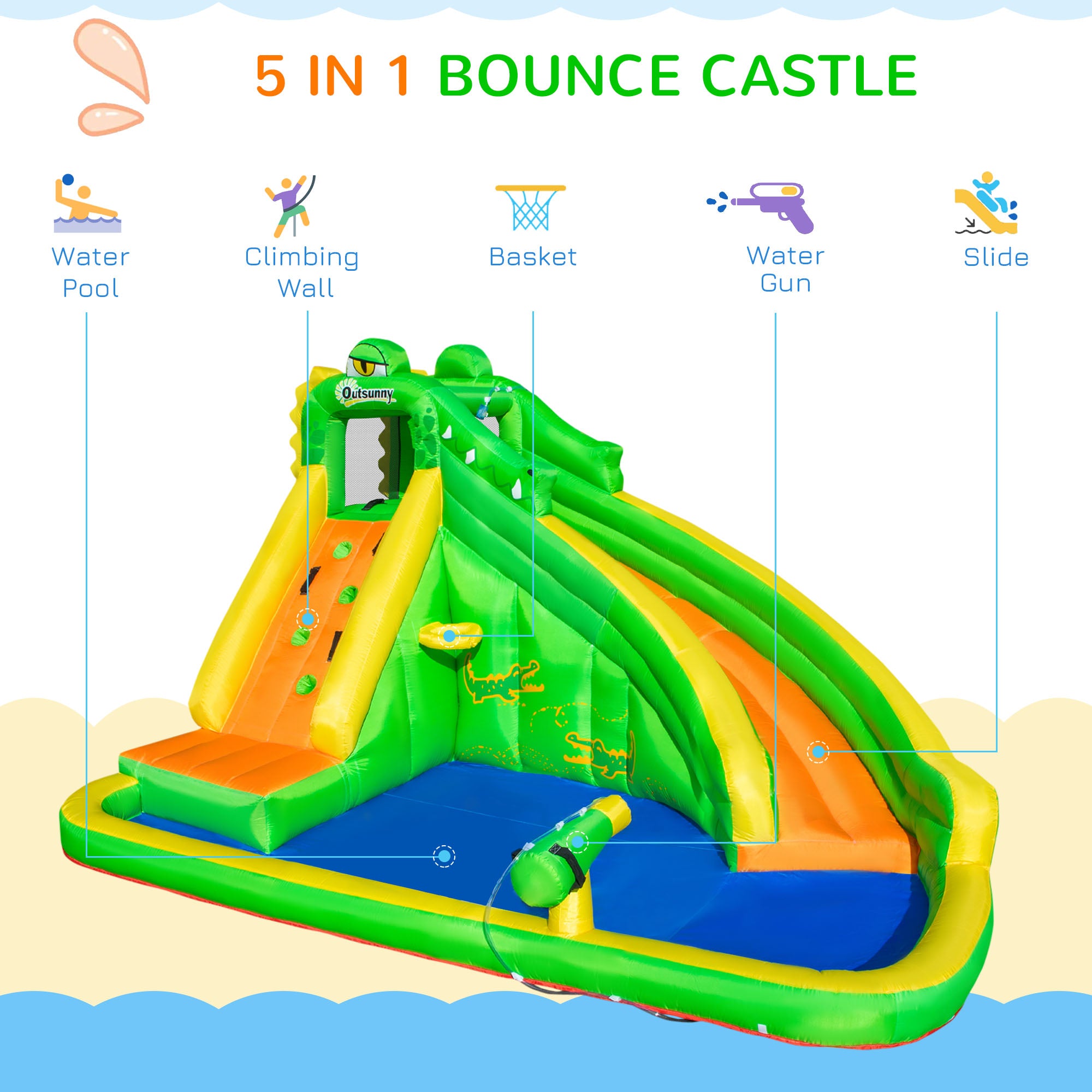 Kozy 5 in 1 Kids Bouncy Castle Large Crocodile Style Inflatable House Slide Basket Water Pool Gun Climbing Wall with Blower Carrybag for Kids Age 3-8, 3.85 x 2.85 x 2.25m