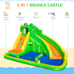 Kozy 5 in 1 Kids Bouncy Castle Large Crocodile Style Inflatable House Slide Basket Water Pool Gun Climbing Wall with Blower Carrybag for Kids Age 3-8, 3.85 x 2.85 x 2.25m