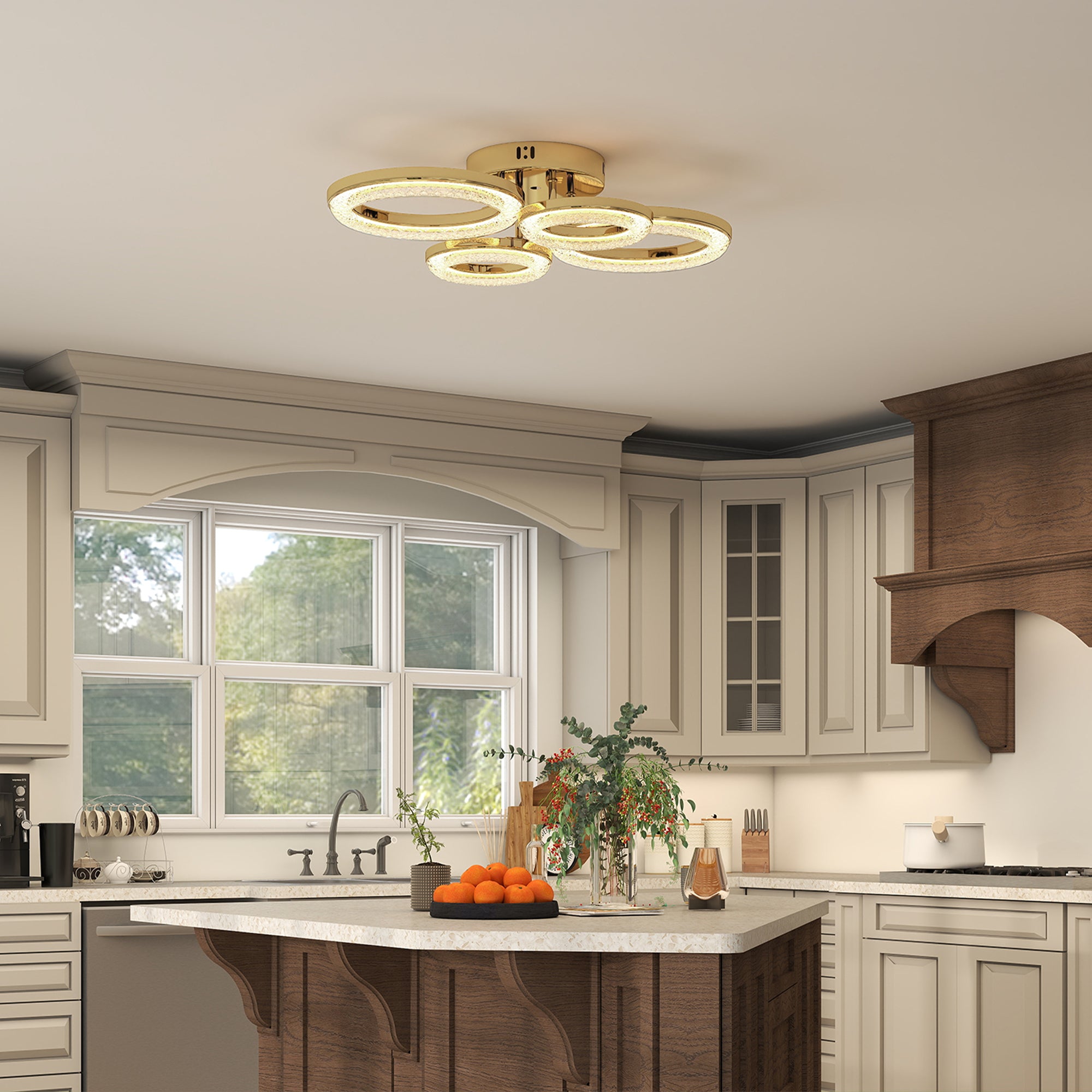 Kozy LED Ceiling Light, Modern 4 Rings Ceiling Lamp with Wall Switch Control, 40W 4350lm Flush Mount Ceiling Light with 3500K/4500K/6000K Colour Temperatures for Living Room, Bedroom, Gold Tone