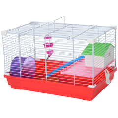 PawHut Dwarf Hamster Metal Cage w/ Tunnels Exercise Wheel Water Bottle Dishes Red and White | Aosom UK