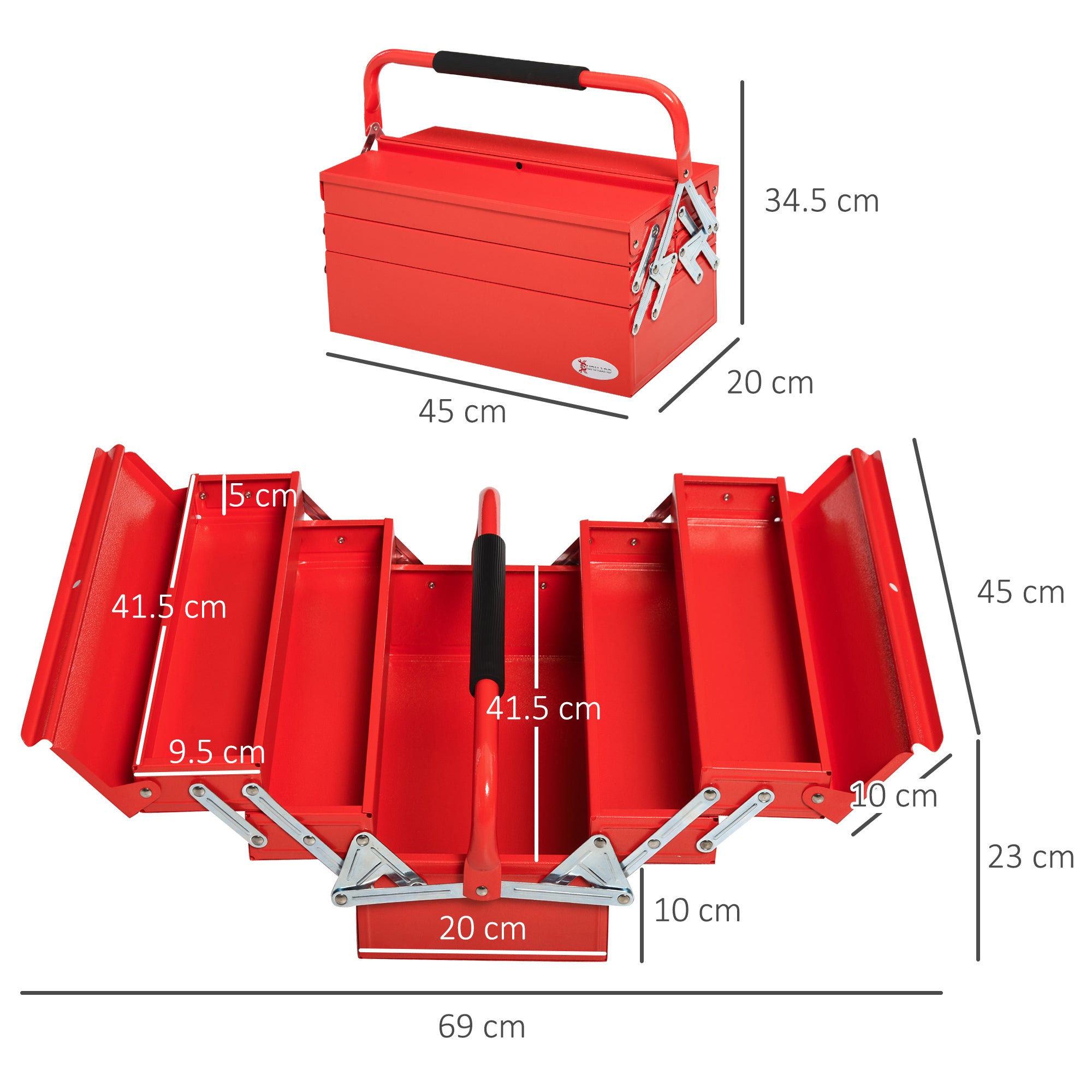 Kozy Metal Tool Box 3 Tier 5 Tray Professional Portable Storage Cabinet Workshop Cantilever Toolbox with Carry Handle, 45cmx20cmx34.5cm, Red