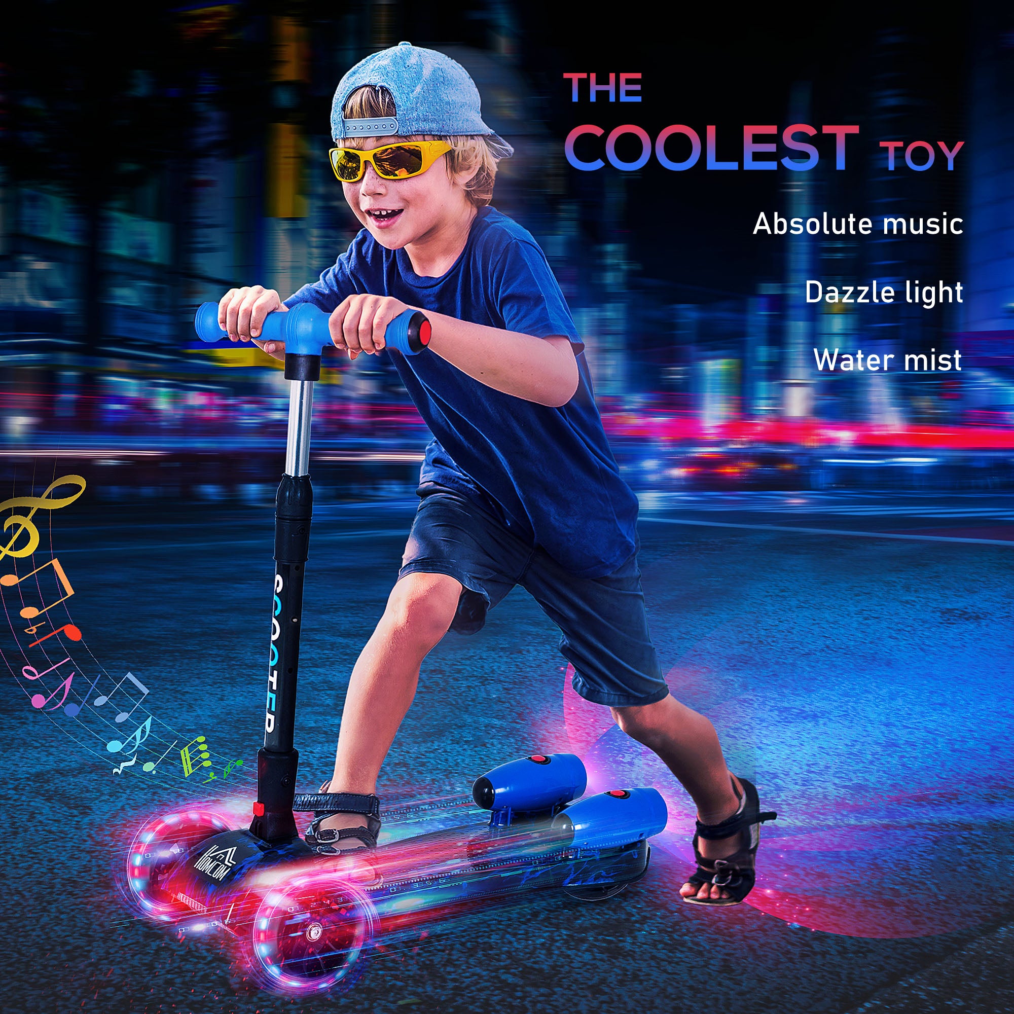 Kozy Kids Scooter, 3 Wheel Foldable Kick Scooter Adjustable Height w/ Flashing Wheels, Music, Water Spray for 3-6 Years, Blue