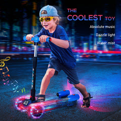 Kozy Kids Scooter, 3 Wheel Foldable Kick Scooter Adjustable Height w/ Flashing Wheels, Music, Water Spray for 3-6 Years, Blue