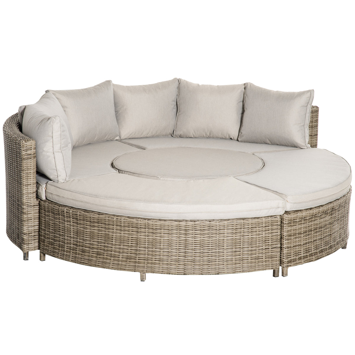 Kozy 5 Pieces Outdoor PE Rattan Round Garden Daybed with Cushions, Aluminium Patio Furniture Set Lounge Chair Conversation Sofa Set with Liftable Coffee Table and Protect Cover, Grey