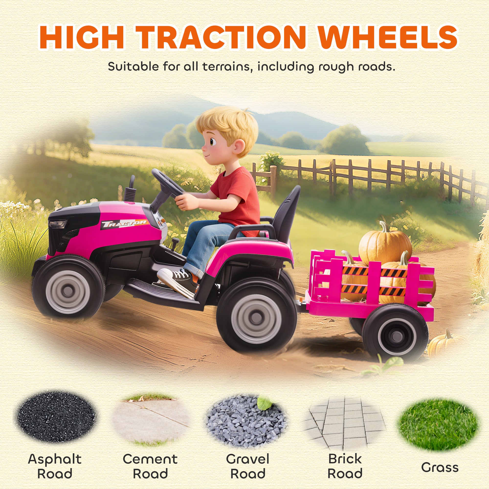 AIYAPLAY 12V Ride on Tractor and Trailer with Remote Control, Music, Shifter, Start-Up Sound, for Kids Ages 3-8 Years, Pink