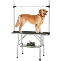 Kozy 42" Dog Grooming Table, Adjustable Pet Cat Drying Beauty Table with 2 Loops Storage Basket, Rubber Top, Black