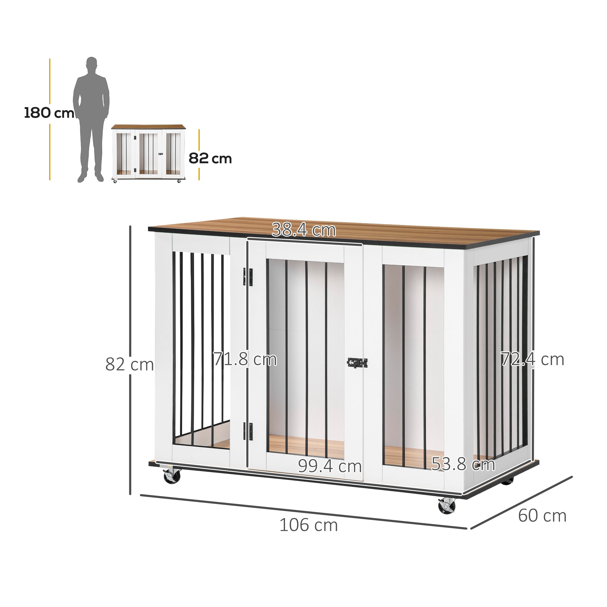 Kozy Dog Crate Furniture, Dog Cage End Table, with Wheels, for Large Dogs, 106 x 60 x 82 cm  - White