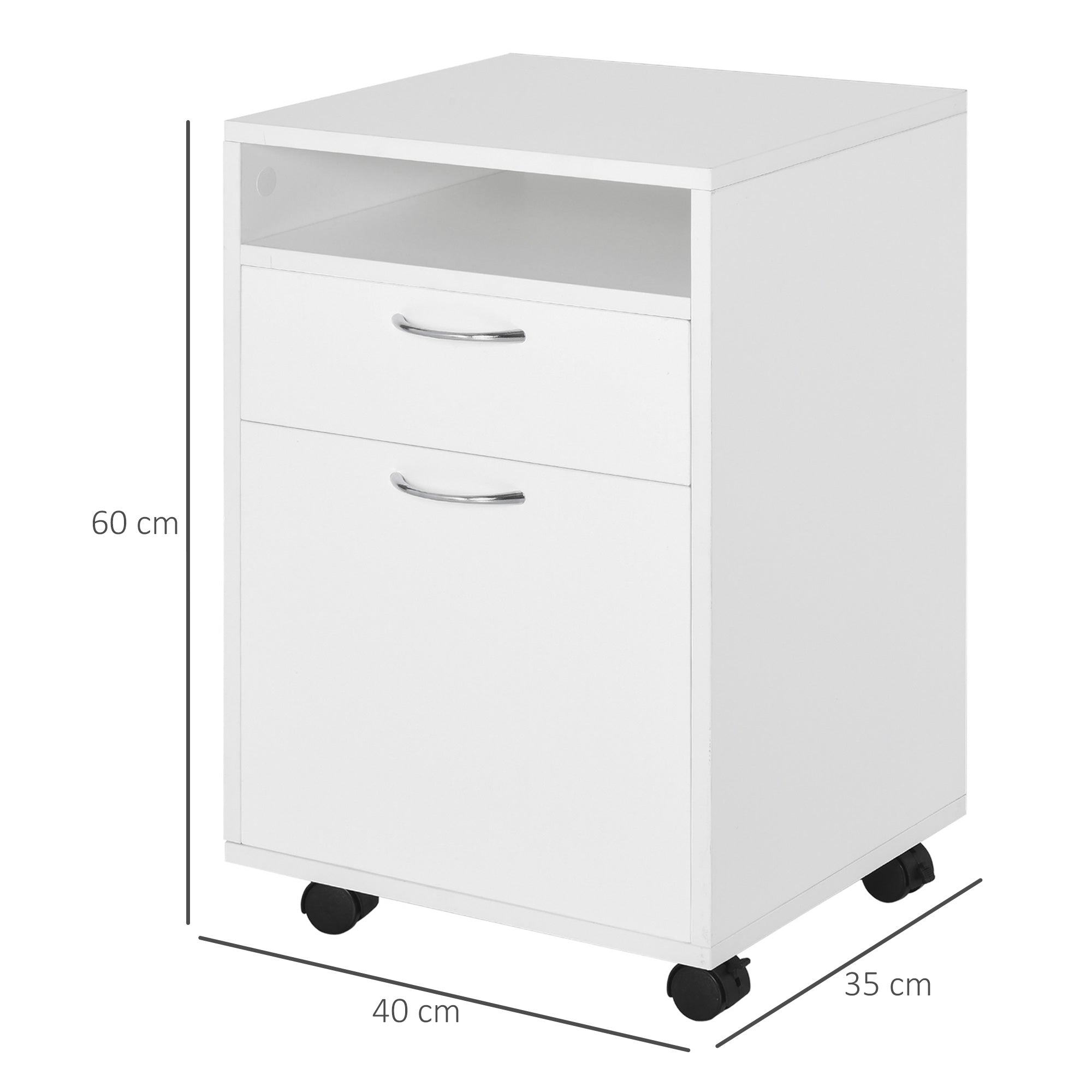 Kozy 60cm Filing Cabinet with Drawer, Open Shelf, Metal Handles and 4 Wheels, Office Home Organiser Mobile Printer, White