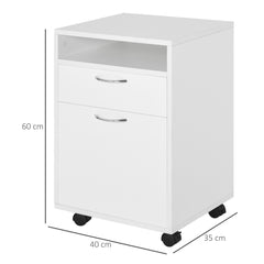 Kozy 60cm Filing Cabinet with Drawer, Open Shelf, Metal Handles and 4 Wheels, Office Home Organiser Mobile Printer, White