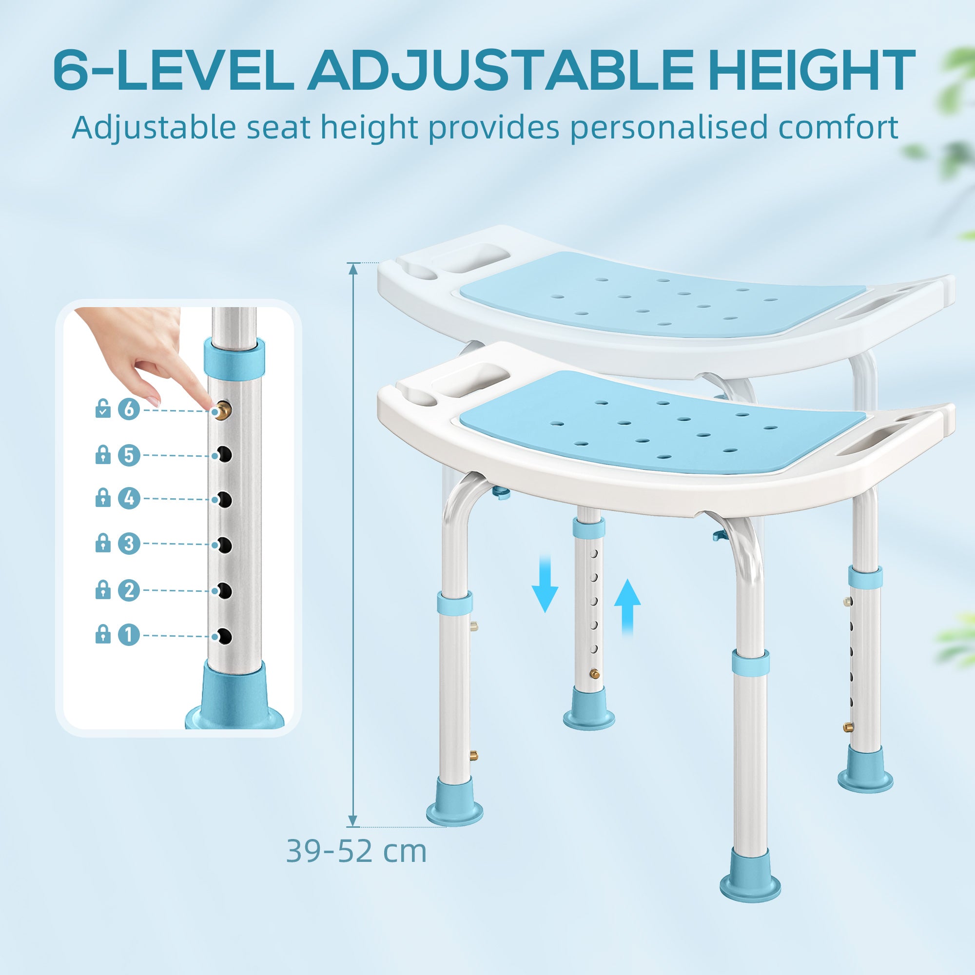 Kozy - Shower Chair, Adjustable Height Shower Stool with Aluminium Frame and Non-Slip Feet, Bathtub Stool Seat for Elderly Disabled Handicap, Turquoise