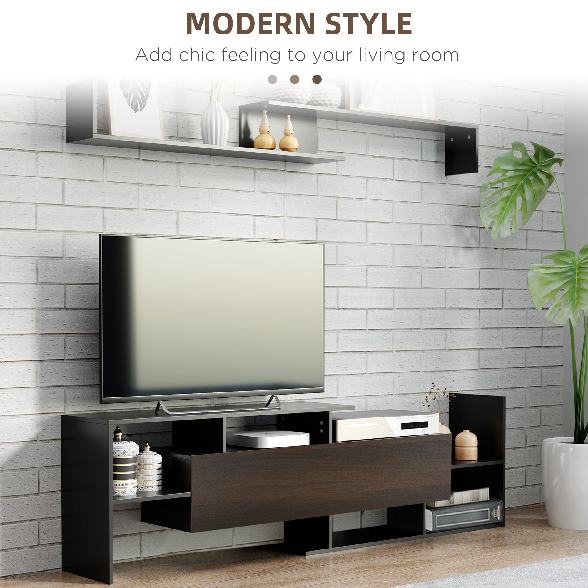 Kozy TV Cabinet with Wall Shelf for Wall-Mounted 65" TVs or Standing 40" TVs - White and Natural