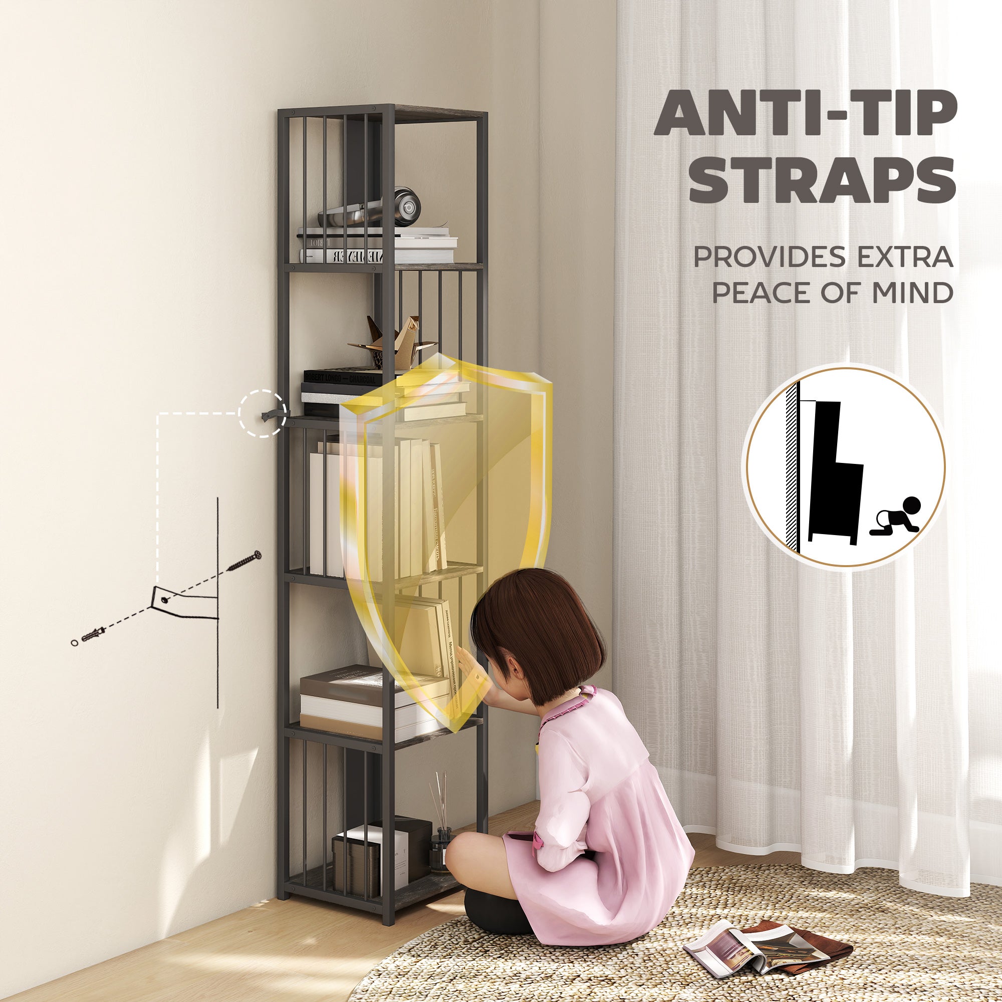 Kozy - 5-Tier Bookshelf with Steel Frame - Grey