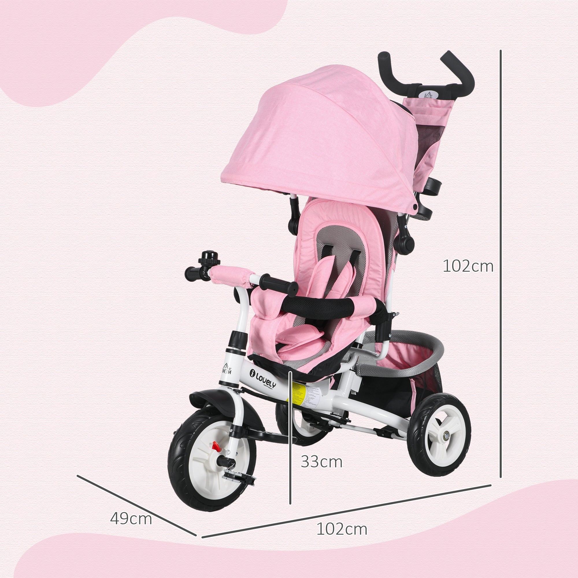 HOMCOM 4 in 1 Kids Trike Push Bike w/ Push Handle, Canopy, 5-point Safety Belt, Storage, Footrest, Brake, for 1-5 Years, Pink | Aosom UK