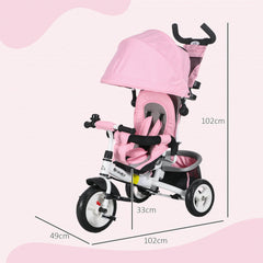HOMCOM 4 in 1 Kids Trike Push Bike w/ Push Handle, Canopy, 5-point Safety Belt, Storage, Footrest, Brake, for 1-5 Years, Pink | Aosom UK