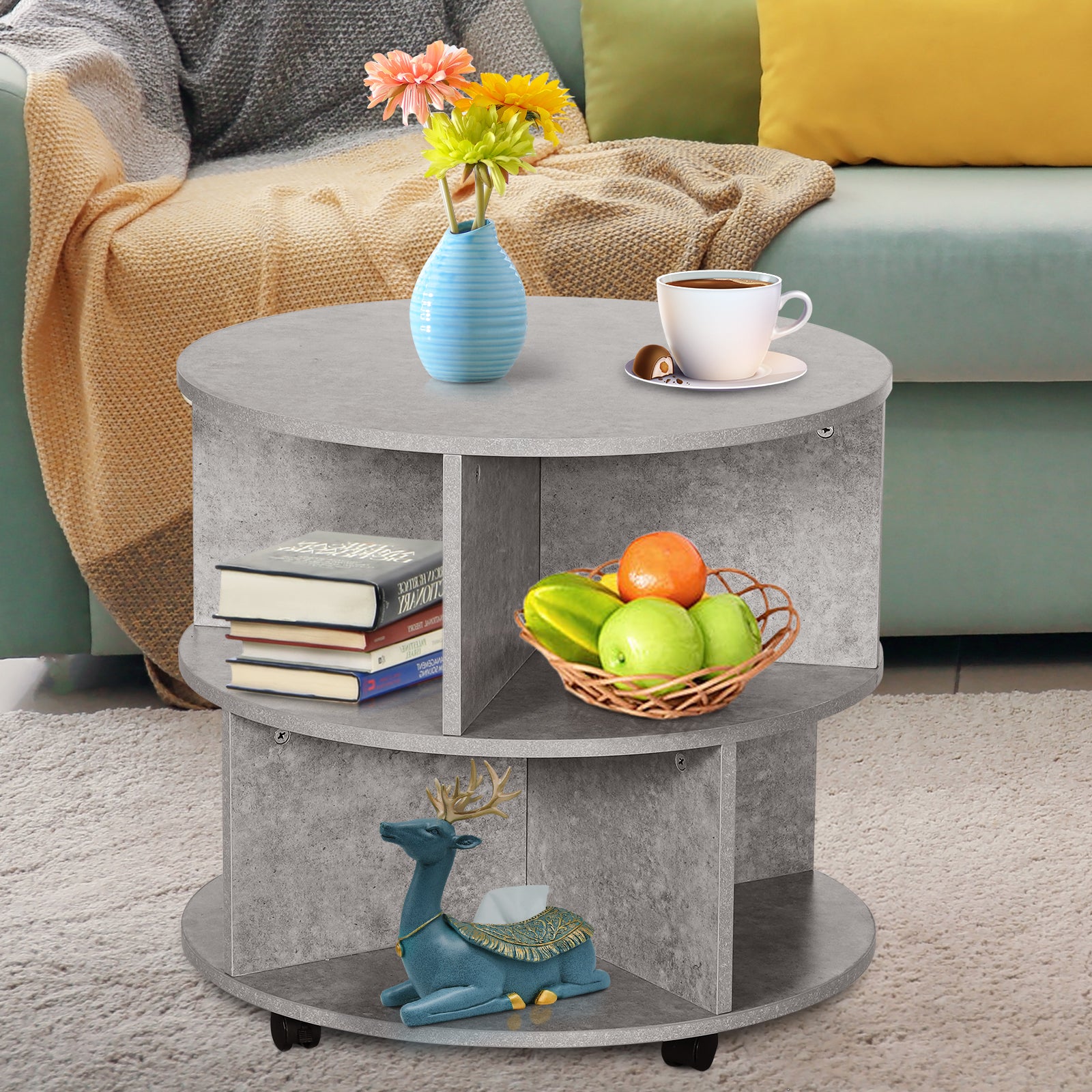 Kozy Round Coffee Table with Wheels, 3-Tier Rolling Side Table for Living Room with Divided Shelves, Cement Colour