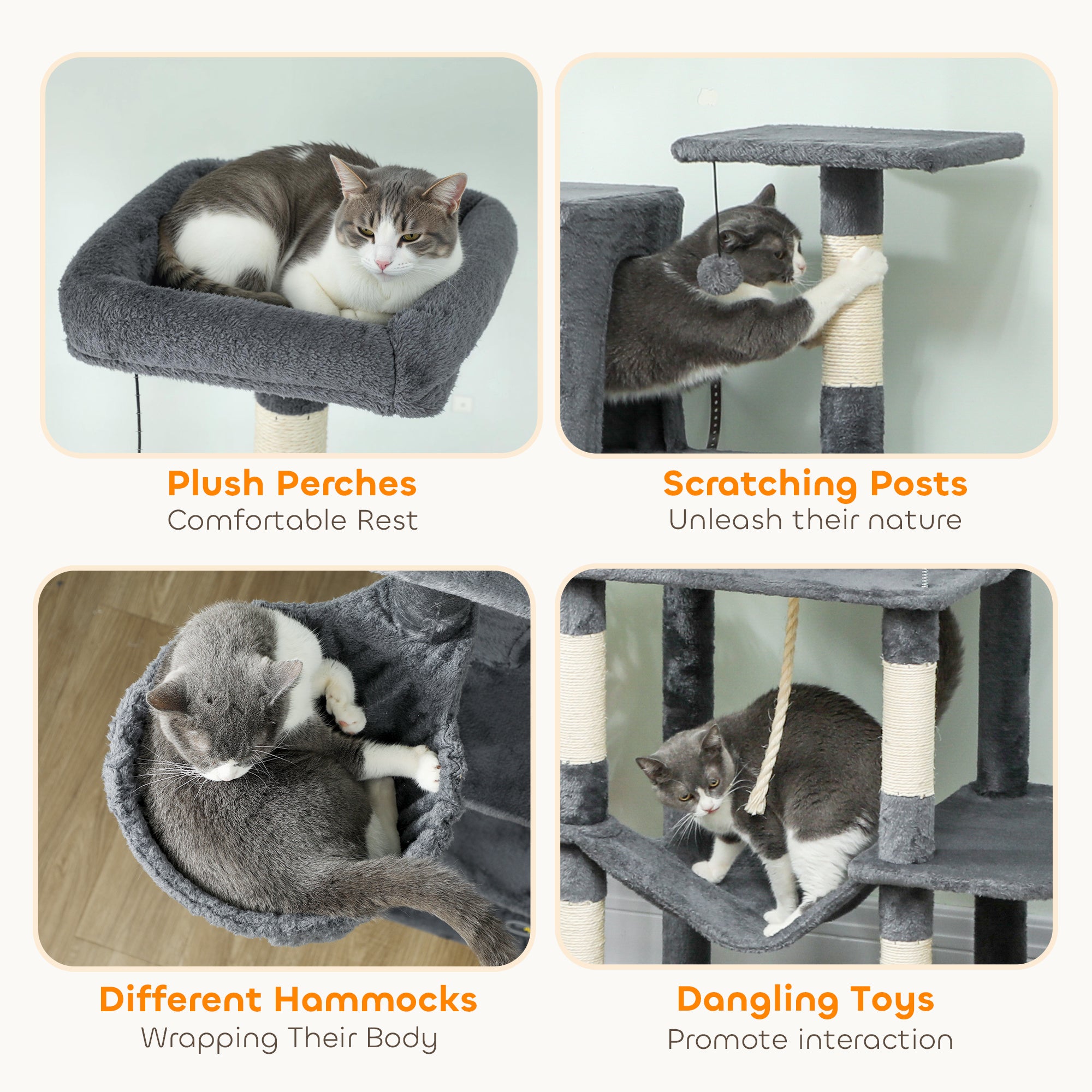 Kozy - 202cm Large Cat Tree with 6 Scratching Posts, 2 Hammocks, 2 Condos, 2 Perches, Pompoms, for Indoor Cats to Rest and Play