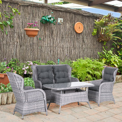 Kozy Garden PE Rattan Dining Sofa Set, Outdoor 4 Seater Wicker Furniture, High Back Chairs with Cushions, Tempered Glass Coffee Table for Patio, Mixed Grey