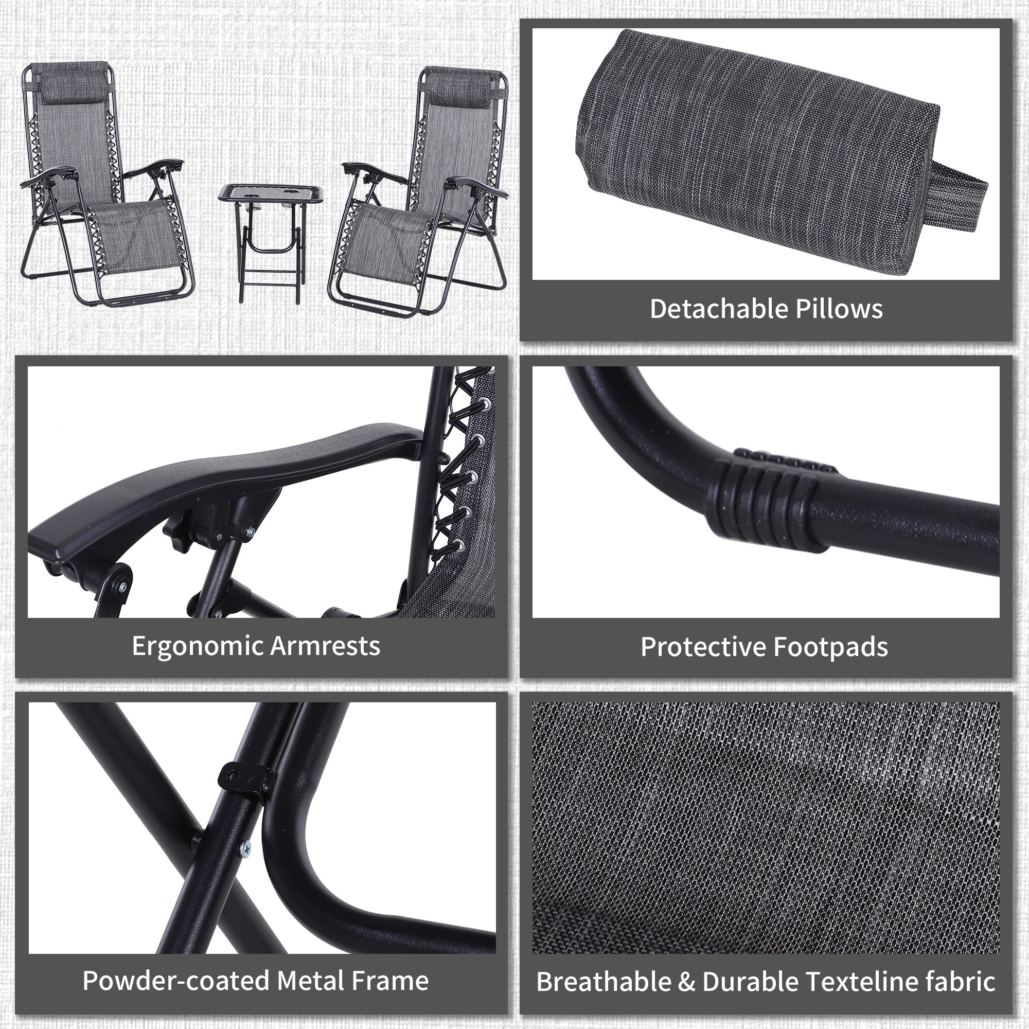 Kozy 3pcs Folding Zero Gravity Chairs Sun Lounger Table Set w/ Cup Holders Reclining Garden Yard Pool, Light Grey