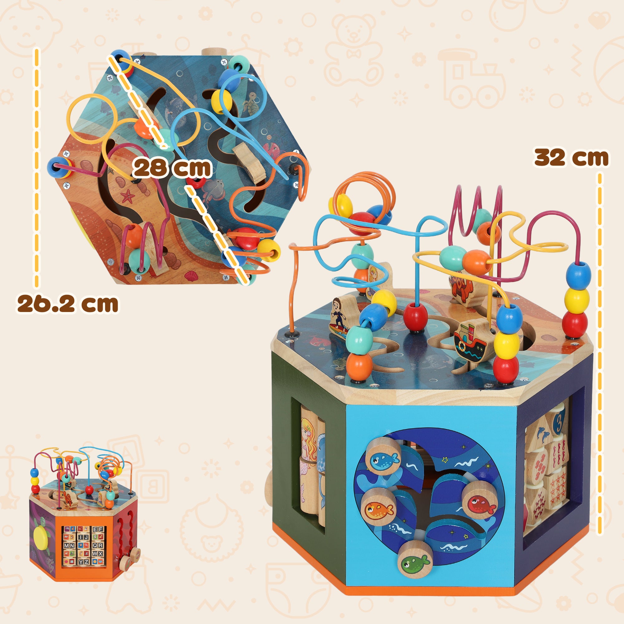 Kozy Wooden Activity Cube, Baby Toys with Bead Maze, Pattern Sorter for Toddlers Boys and Girls 18+ Months