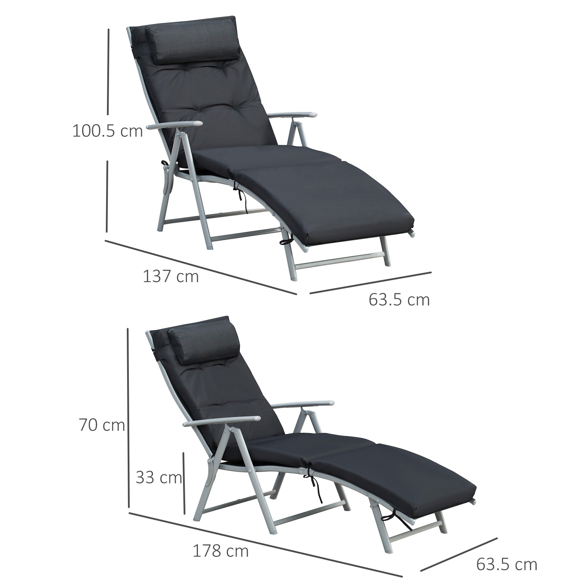 Outsunny Outdoor Patio Sun Lounger Garden Texteline Foldable Reclining Chair Pillow Adjustable Recliner with Cushion