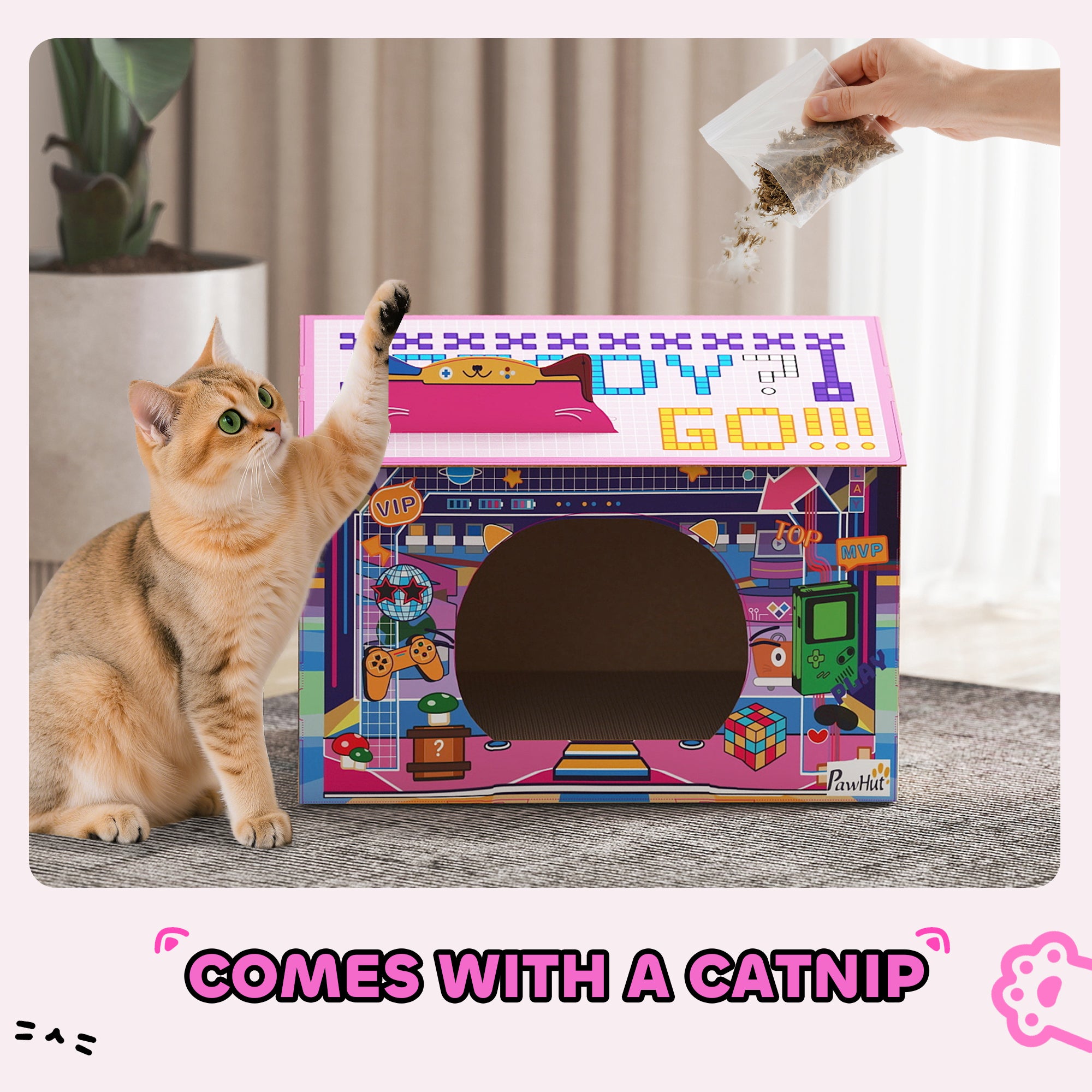 Kozy 2 in 1 Gaming Style Cardboard Cat House with Scratching Board & Catnip for Indoor Cats, Pink