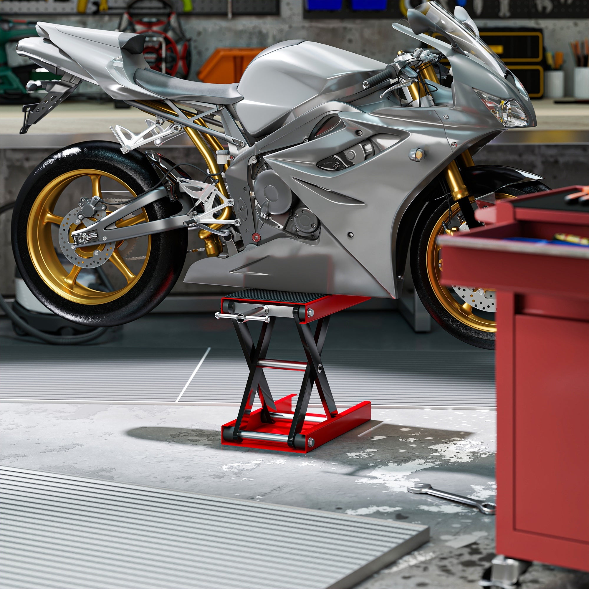 Kozy 500KG Motorcycle Lift Scissor Jack, Height Adjustable Motorbike Stand with Anti-Slip Wide Deck, Heavy Duty Steel Motorbike Repair Lift Hoist Stand for Home Garage, Red